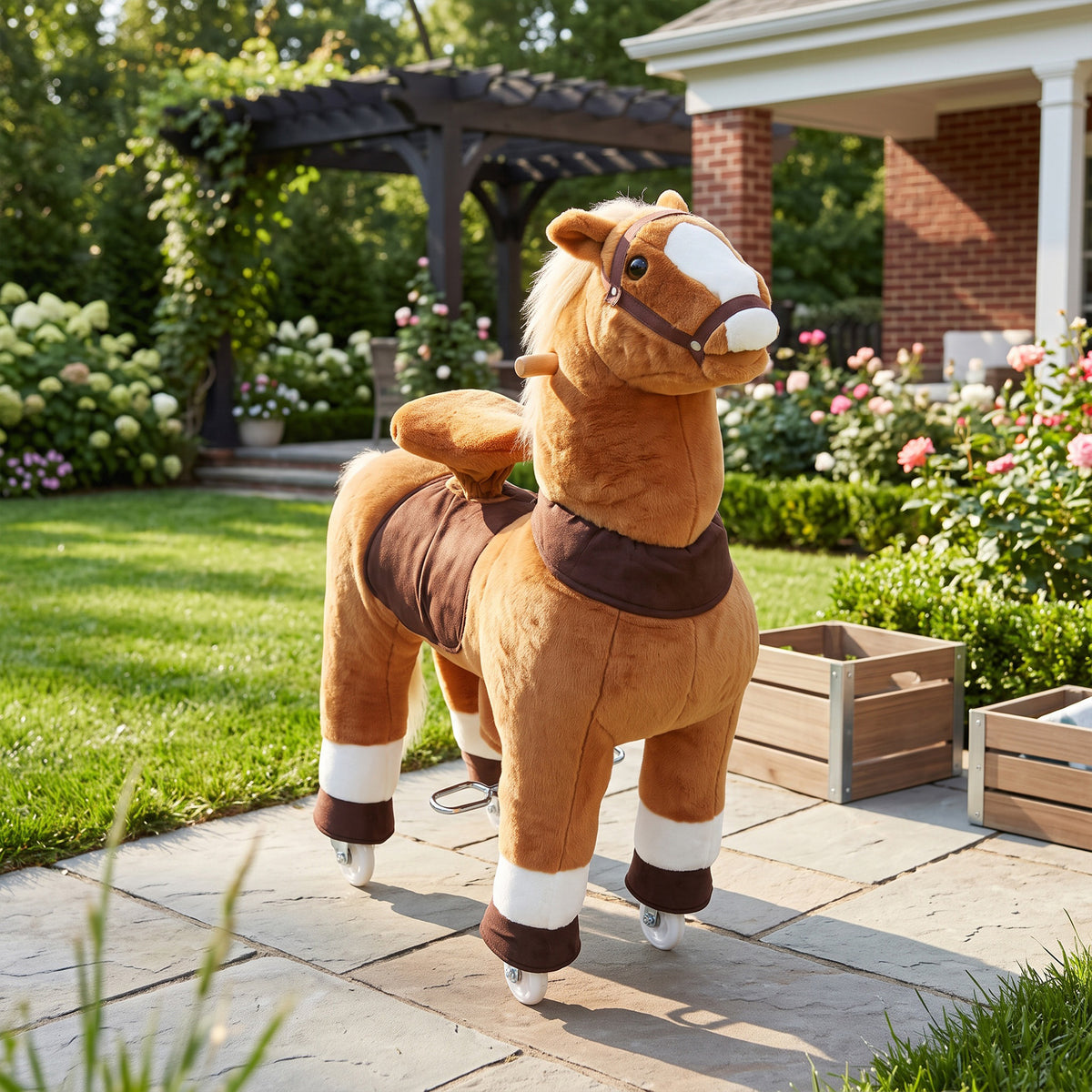 Ride on Horse for Kids 4-12 Years, 37.4 Inch Height Plush Riding Pony with Rolling Wheels for Active Play, Brown