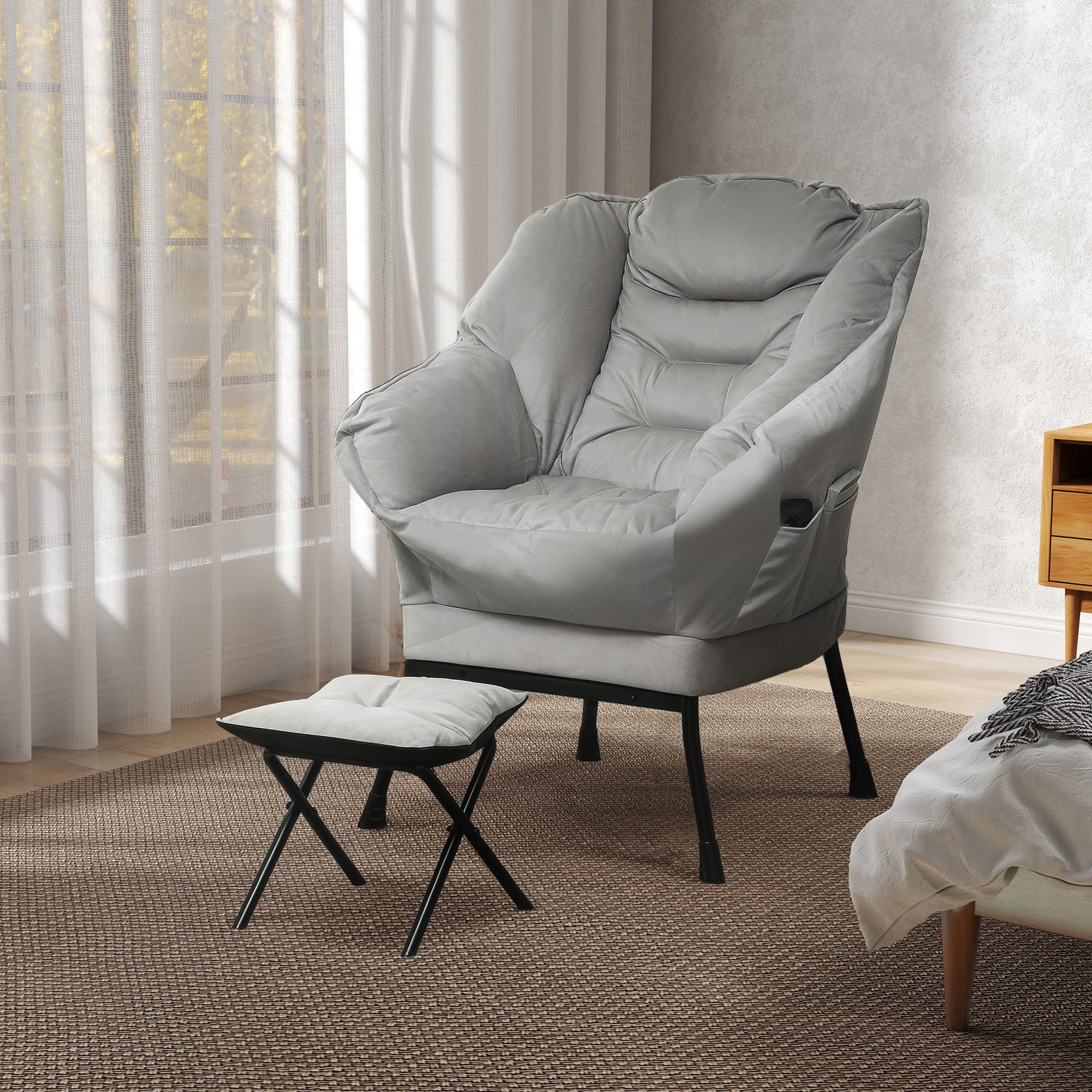 Lazy Chair and Ottoman Set, Fabric Upholstered Accent Chair with Side Pockets, for Living Room, Bedroom, Light Gray