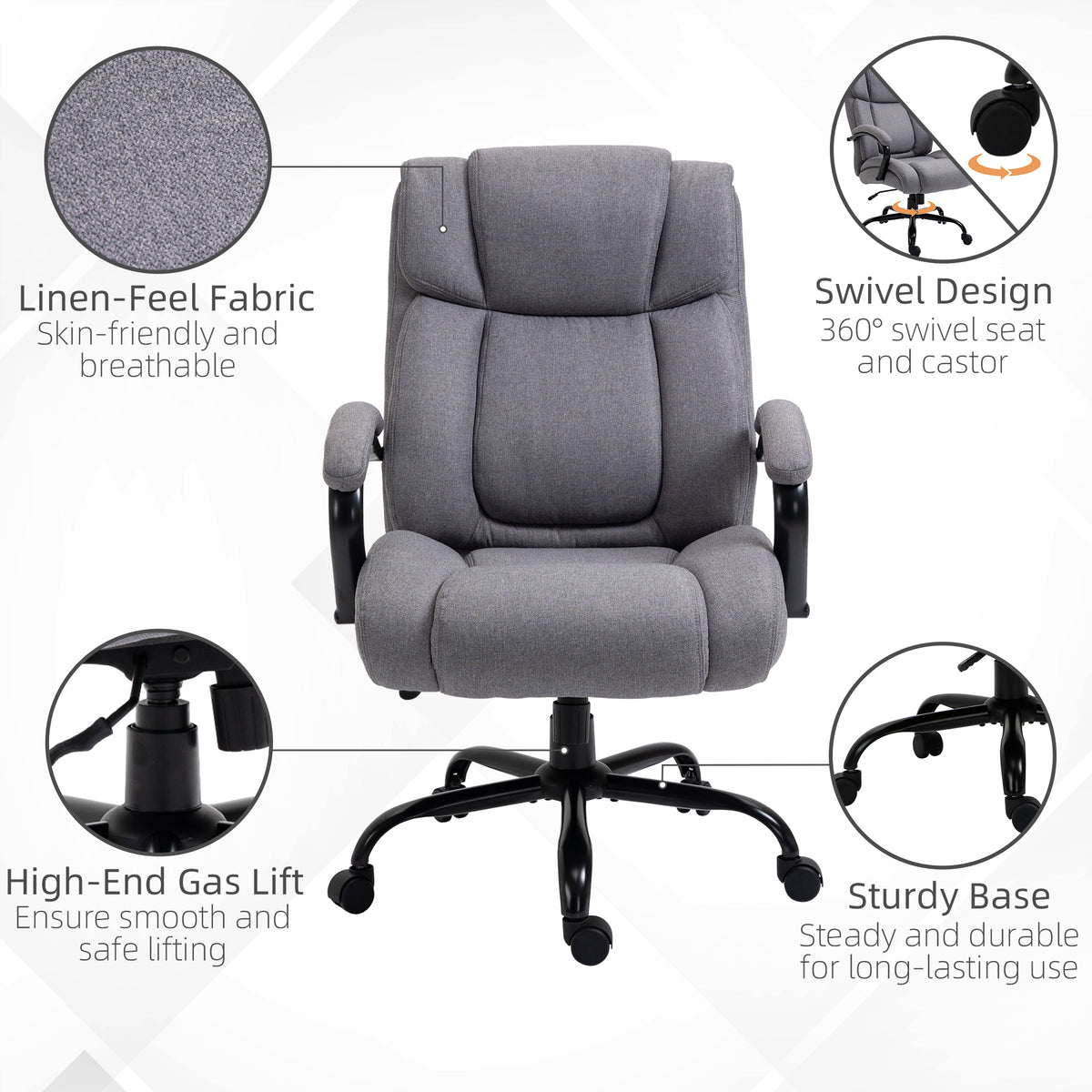 Big and Tall Executive Office Chair, Ergonomic Heavy-Duty High Back Computer Desk Chair 484lbs with Wide Seat, Linen Fabric, Adjustable Height, Swivel Wheels, Light Gray