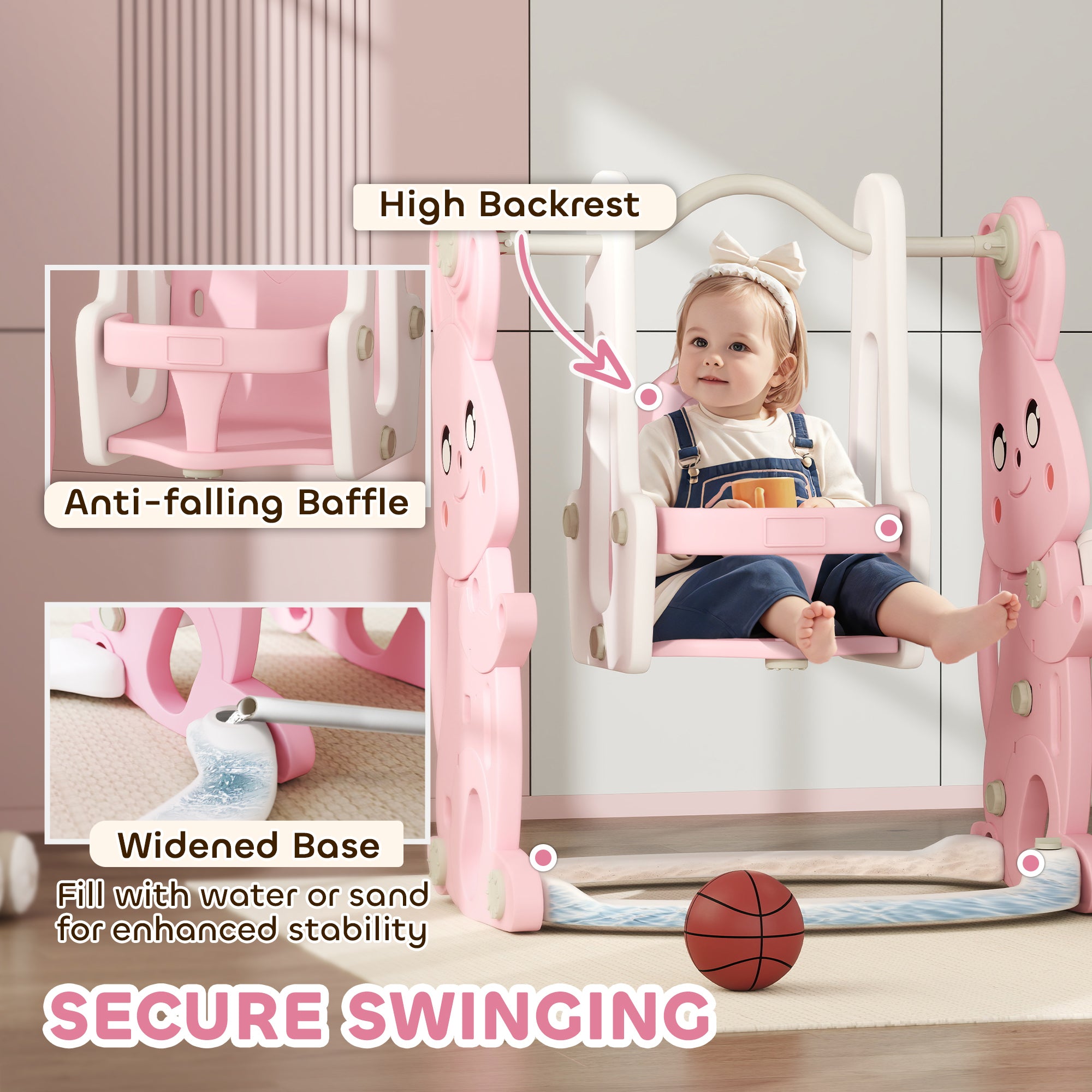 4 in 1 Toddler Slide and Swing Set with Climber, Basketball Hoop, Rabbit Themed Kids Playset for Ages 1.5-4, Pink