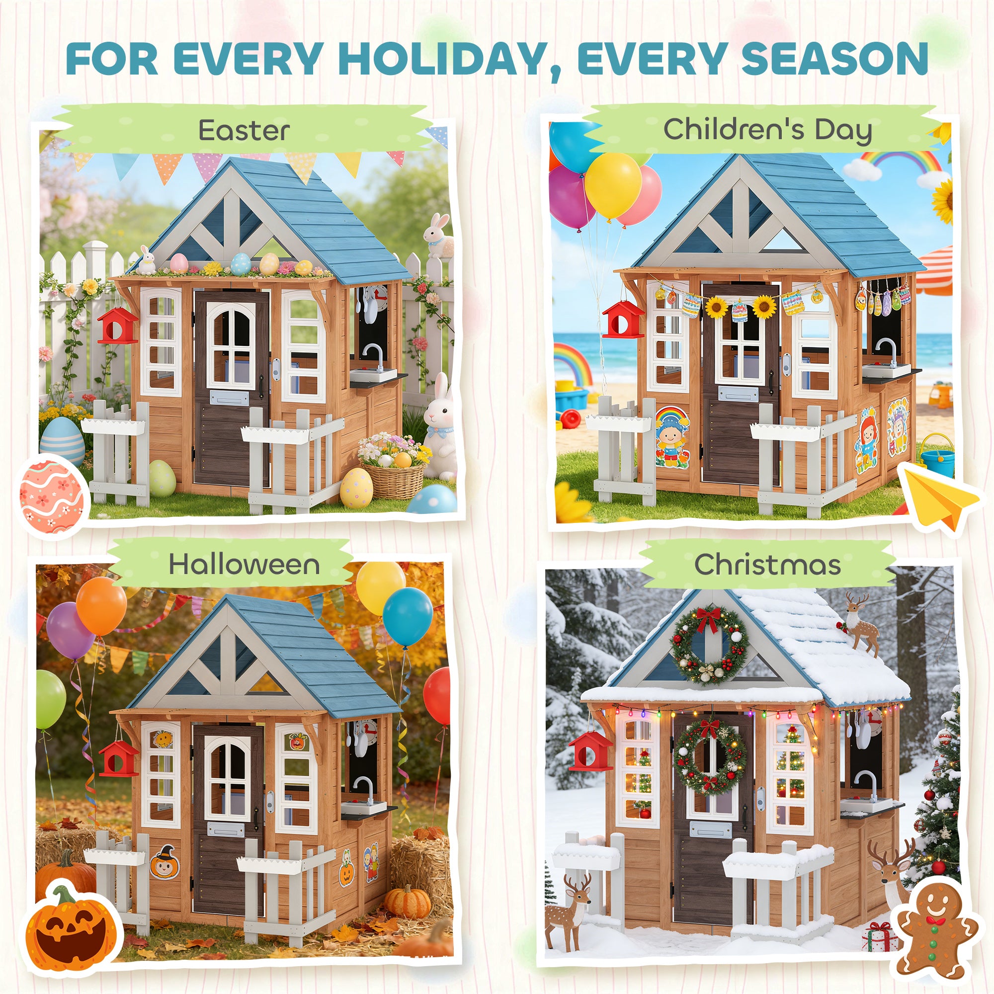 Wooden Kids Playhouse with Pet Door, Play Kitchen, Mailbox, Doorbell, Birdhouse, Fence and Windows for Pretend Play