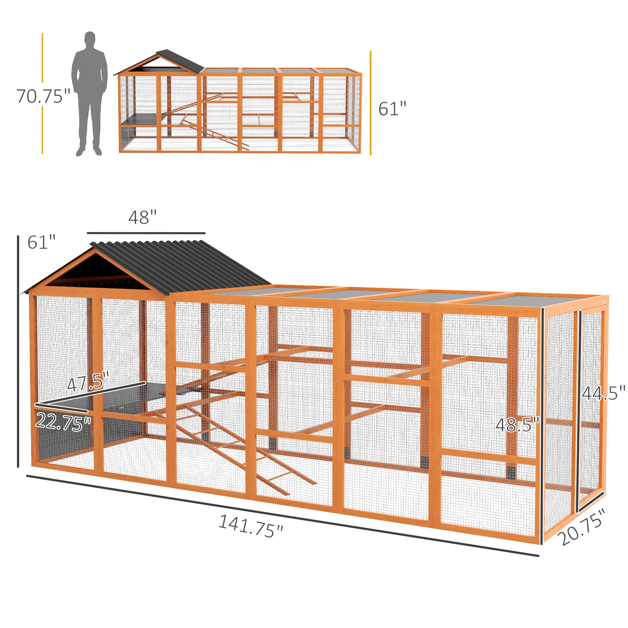 Wooden Chicken Coop Run for 6 - 10 Chickens, Hen House Add-On with Storage, Perches, 141.75" x 48" x 61", Orange - Orange - Image 3