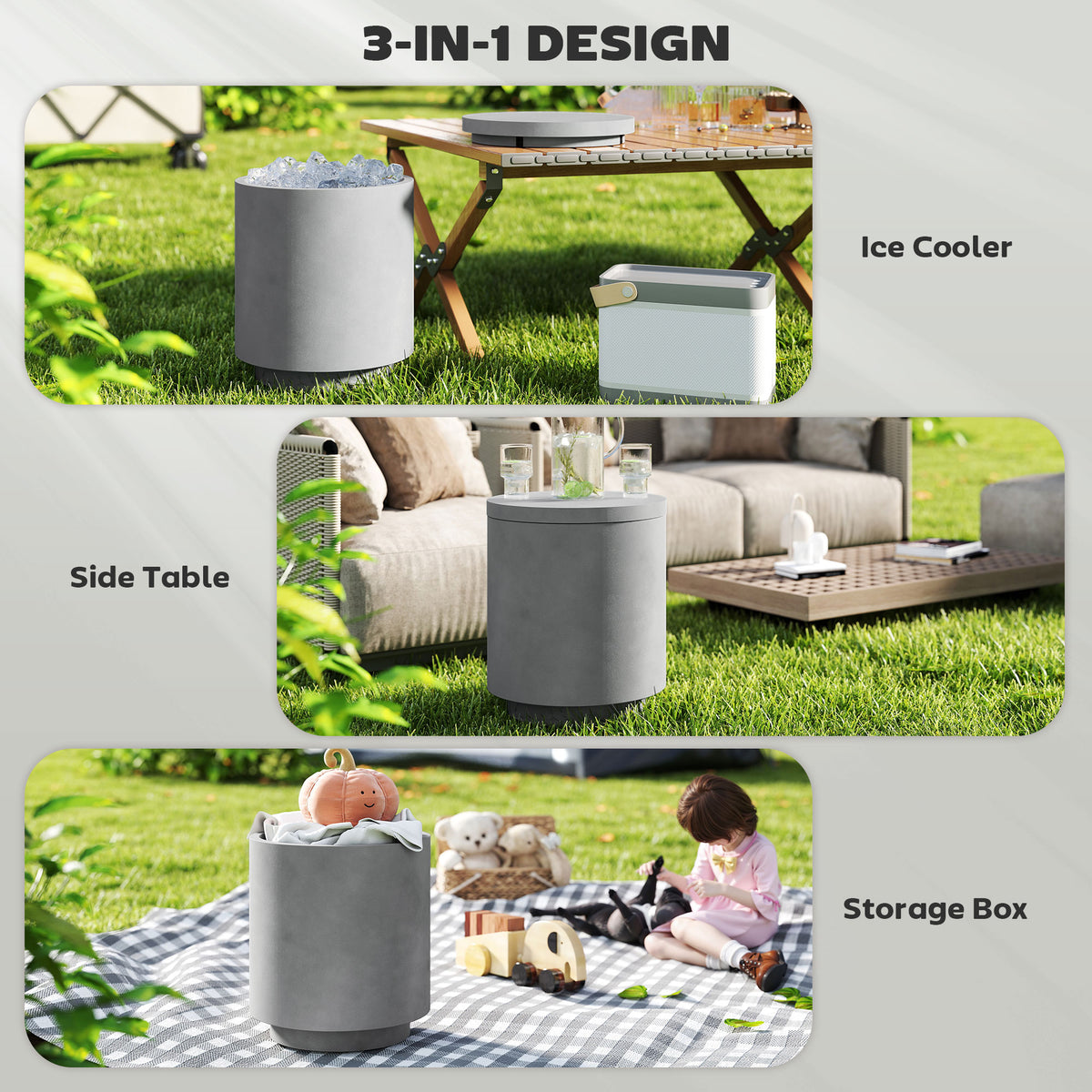 2.6 Gal Outdoor Side Table, 3-In-1 Concrete Cooler Bar Table with Storage, Removable Ice Bucket and Lid, Gray