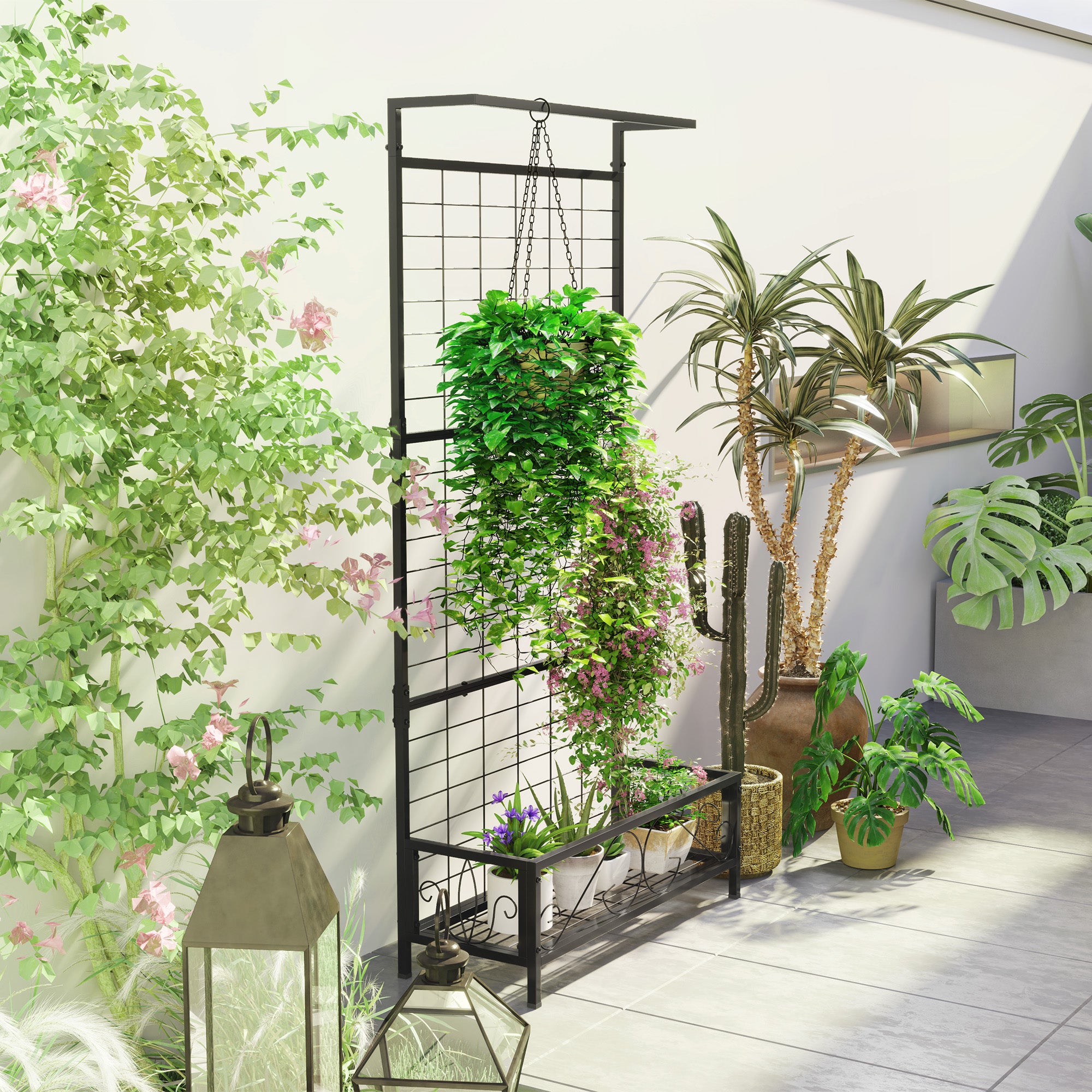 Metal Tall Plant Stand with Trellis and Hanging Bar, Plant Holder for Indoor Outdoor Use, 35" x 12.8" x 74", Black - Black - Image 7
