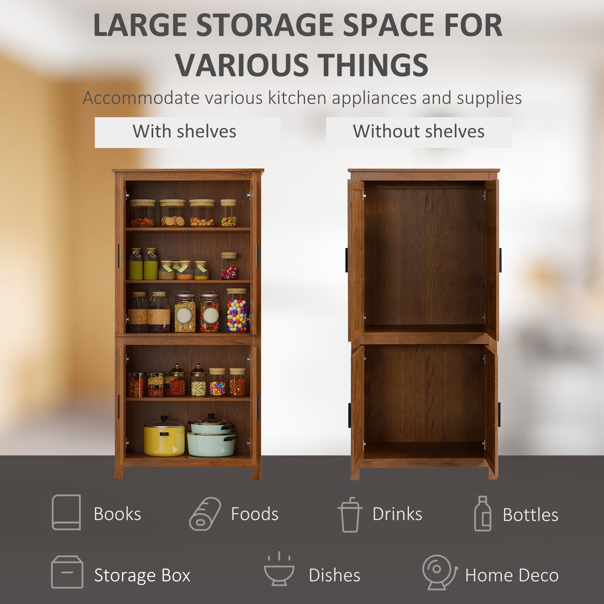 64" 4-Door Kitchen Pantry, Freestanding Storage Cabinet with 3 Adjustable Shelves for Kitchen, Oak