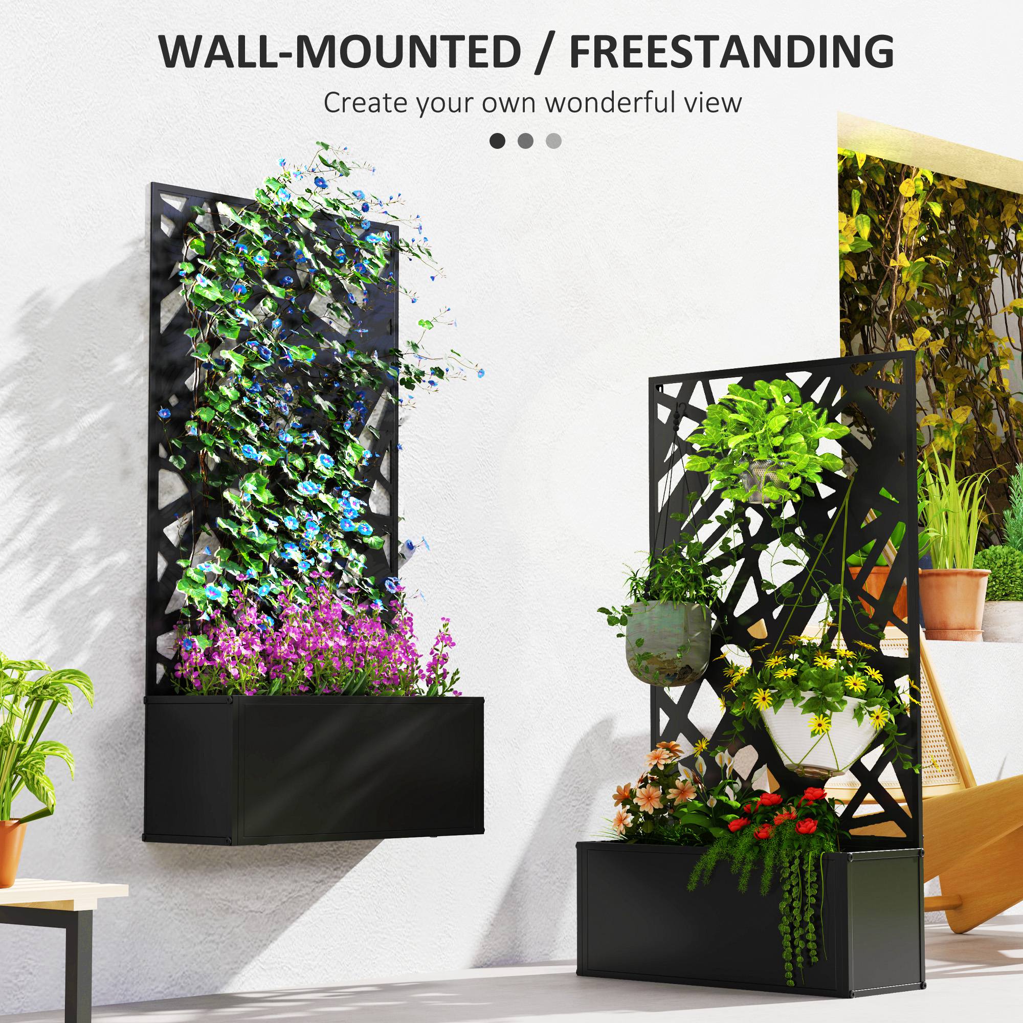 Metal Planter Box Raised Garden Bed with Decorative Privacy Screen, Wall-mounted or Freestanding, 24" x 9.1" x 44.5" - Black - Image 4