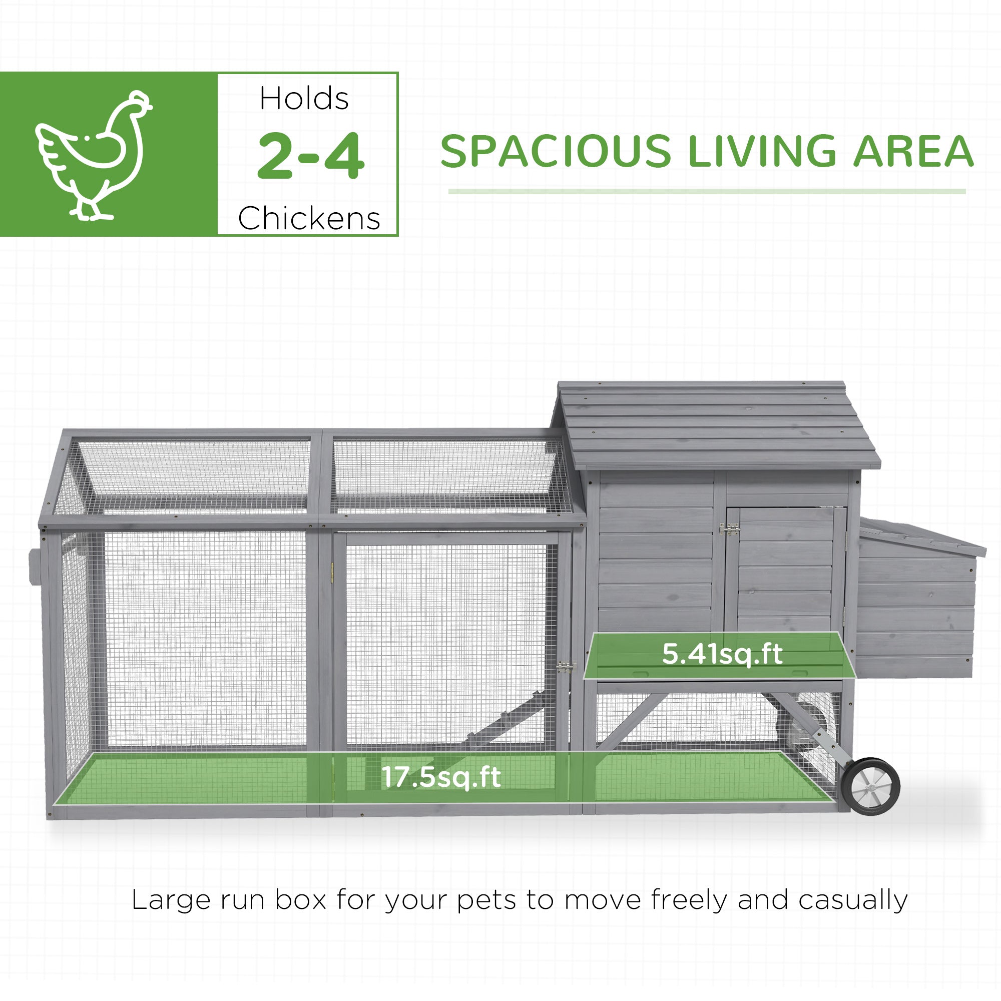 96.5" Chicken Coop Wooden Hen House Poultry Cage Pen Portable with Wheels and Nesting Box, Chicken Cage for Backyard Outdoor, Gray - Grey - Image 4