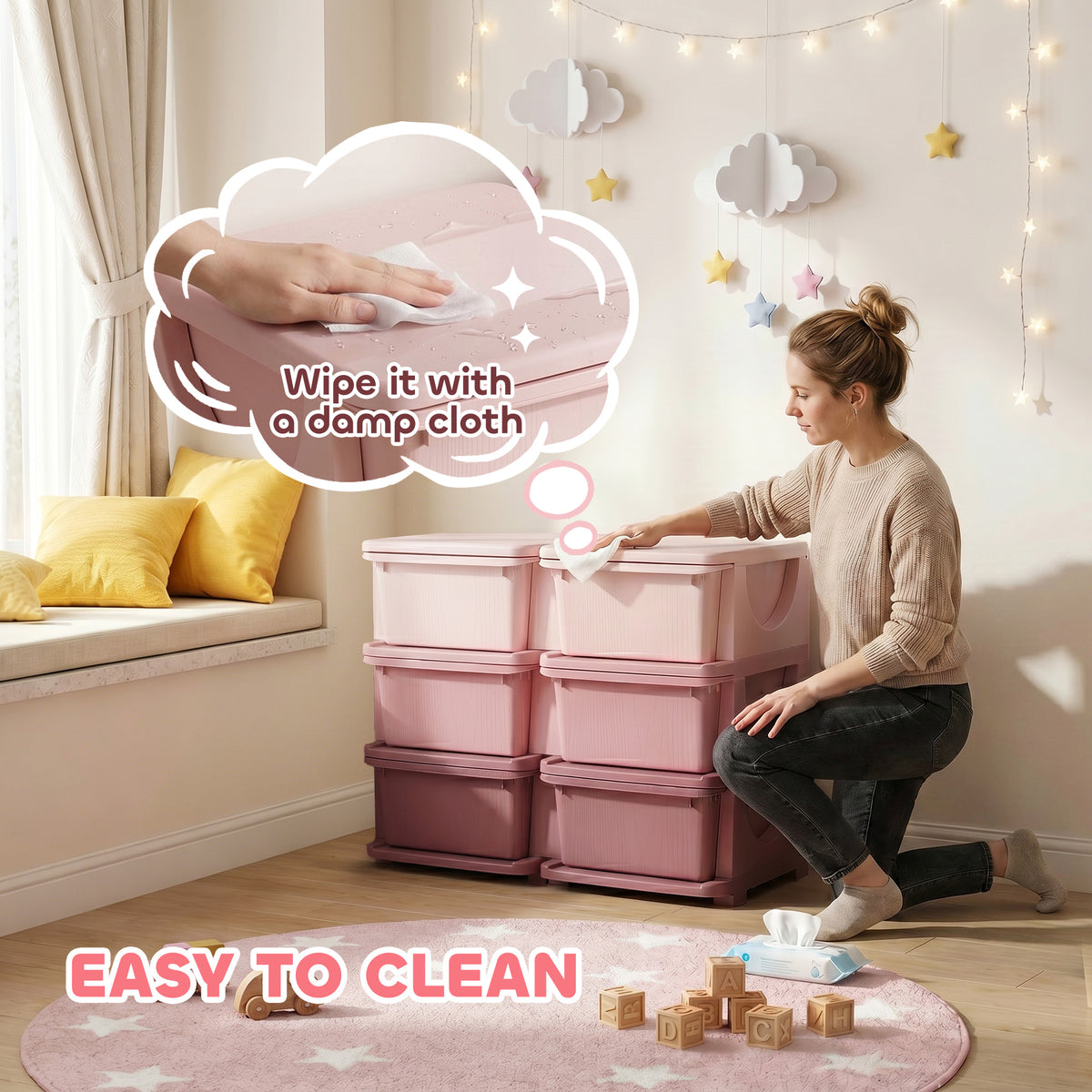 Qaba 3 Tier Kids Storage Organizer with 6 Drawers for Bedroom, Nursery, Kindergarten, Living Room, Boys and Girls, Pink