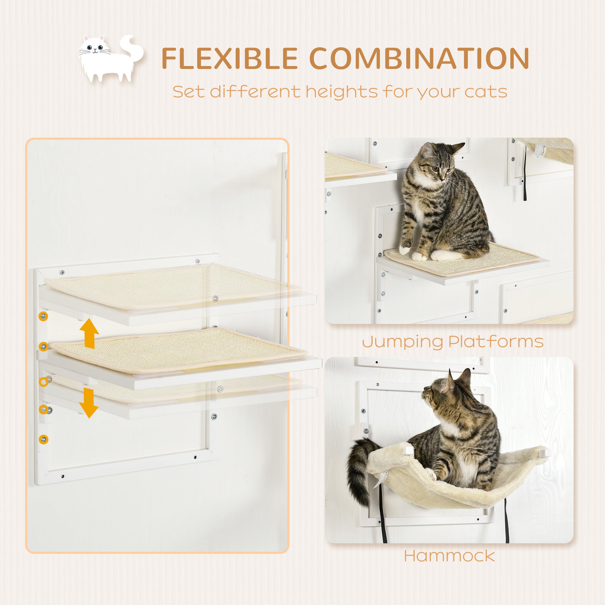 Cat Shelves for Indoor Cats, 6Pc Modern Cat Wall Furniture with Adjustable Height Jumping Platforms & Hammock, Cream White - Cream White - Image 5