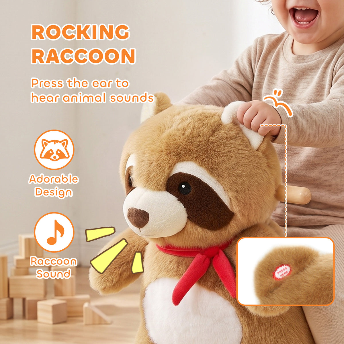 Raccoon Baby Rocking Horse, Kids Plush Ride-On Toy with Realistic Sounds and Safety Belt, Brown