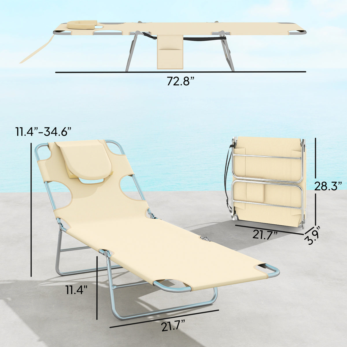 2 Tanning Chairs with Face Hole, 5-Level Adjustable Outdoor Chaise Lounge Chair with Pillow for Beach, Pool, Beige
