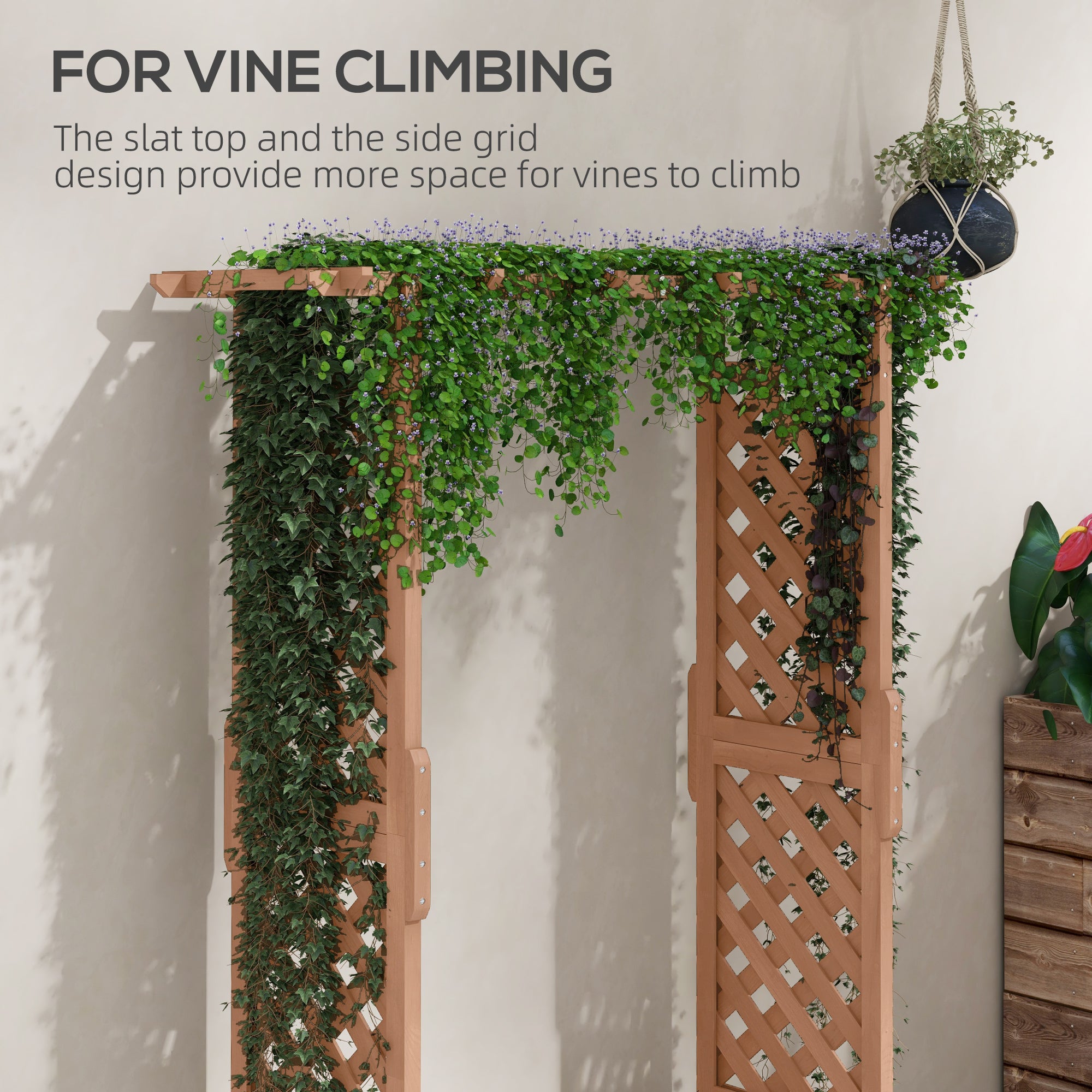 Raised Garden Bed with Trellises and Roof for Climbing Plant Vine, Hanging Flowers, 70.75" Tall Outdoor Wood Planter Box with Drainage & Filter - Brown - Image 4
