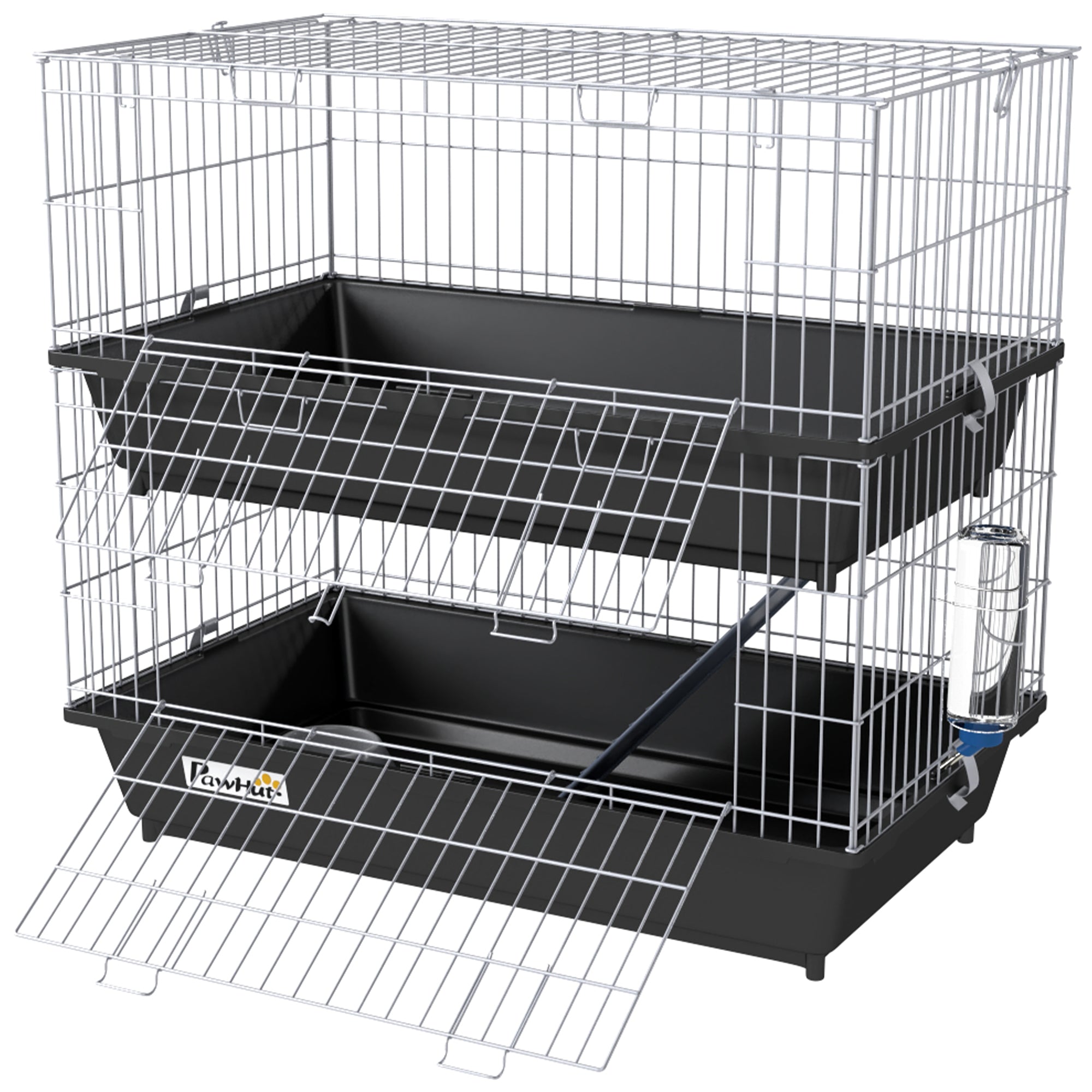 2-Tier Small Animal Cage with 2 Doors, Trays, Dish, Bottle, and Ramp for Bunny, Ferret, Chinchilla, Black - Black