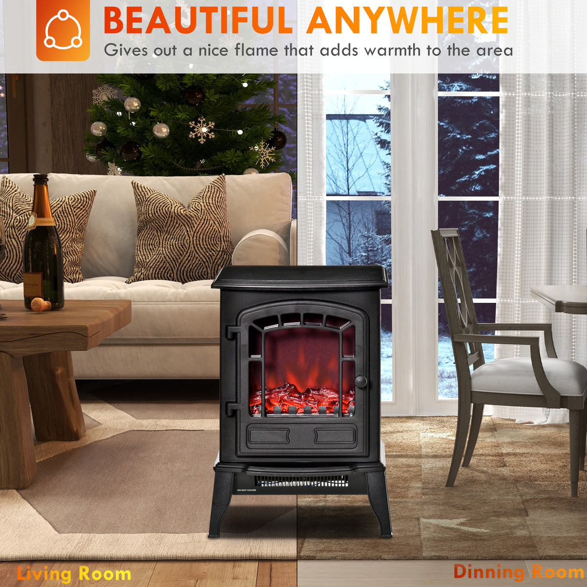 Electric Fireplace Heater, Freestanding Fireplace Stove with Realistic Flame Effect Overheat Protection 750W/1500W Black