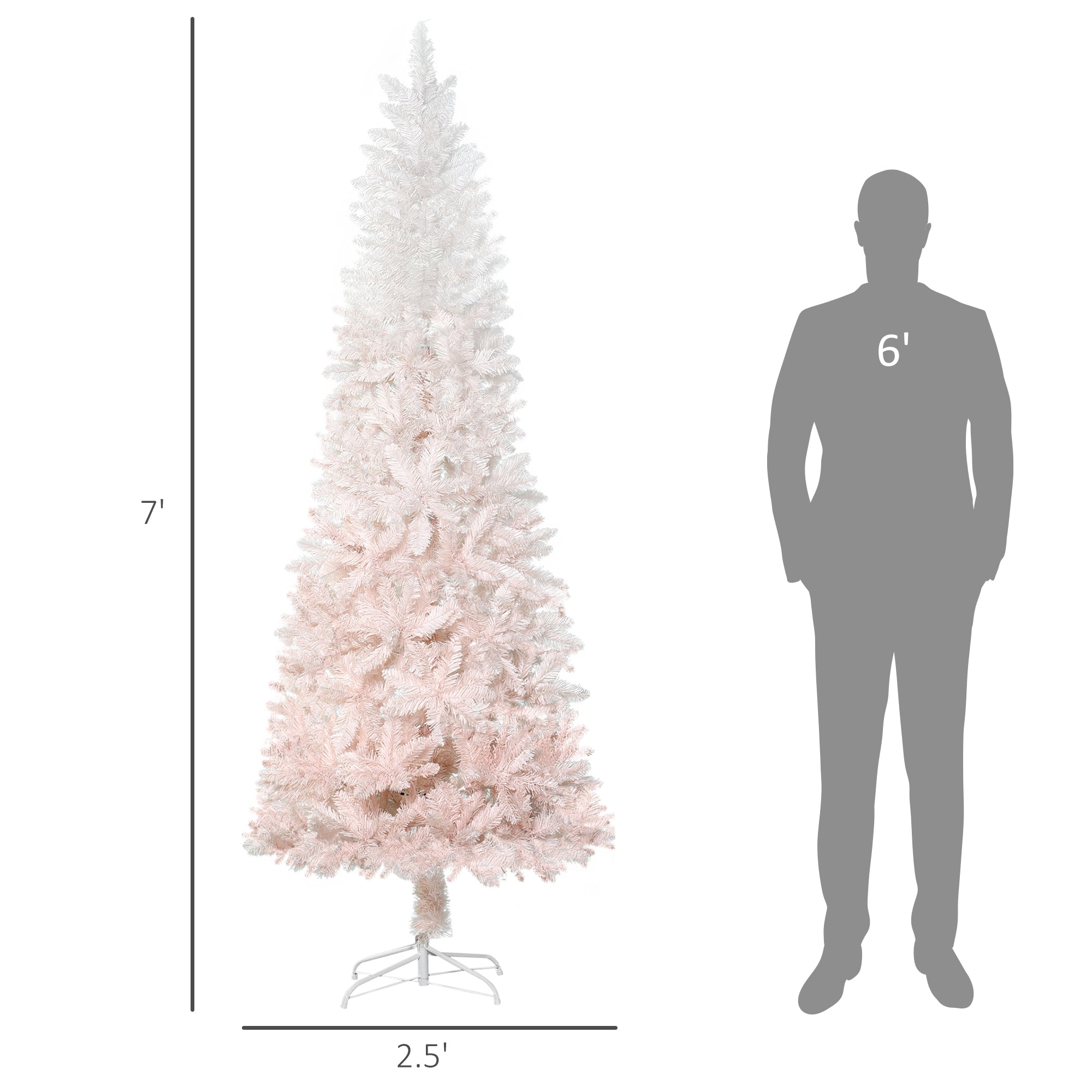 7' Tall Unlit Pencil Fir Artificial Christmas Tree with Realistic Branches and Steel Base, Pink and White