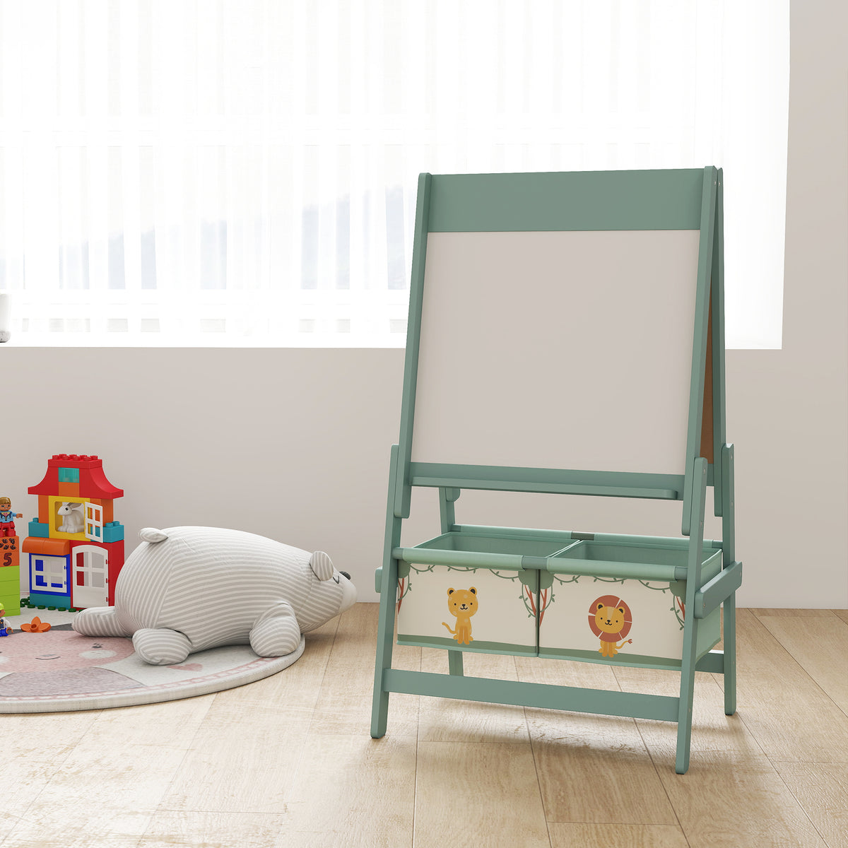 Qaba Art Easel for Kids, Double-Sided Whiteboard & Chalkboard with Paper Roll, Storage Baskets for Toddlers Ages 3-8, Green