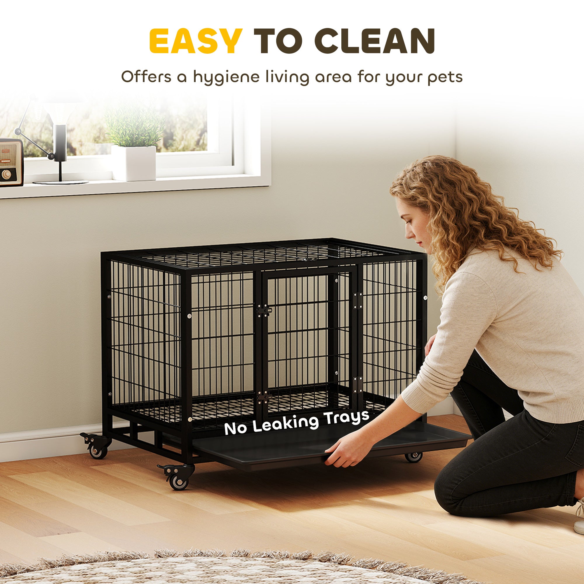 36" Heavy Duty Dog Crate with Removable Tray, Lockable Wheels and Double Door, for Medium and Large Dogs, Black - Black - Image 6