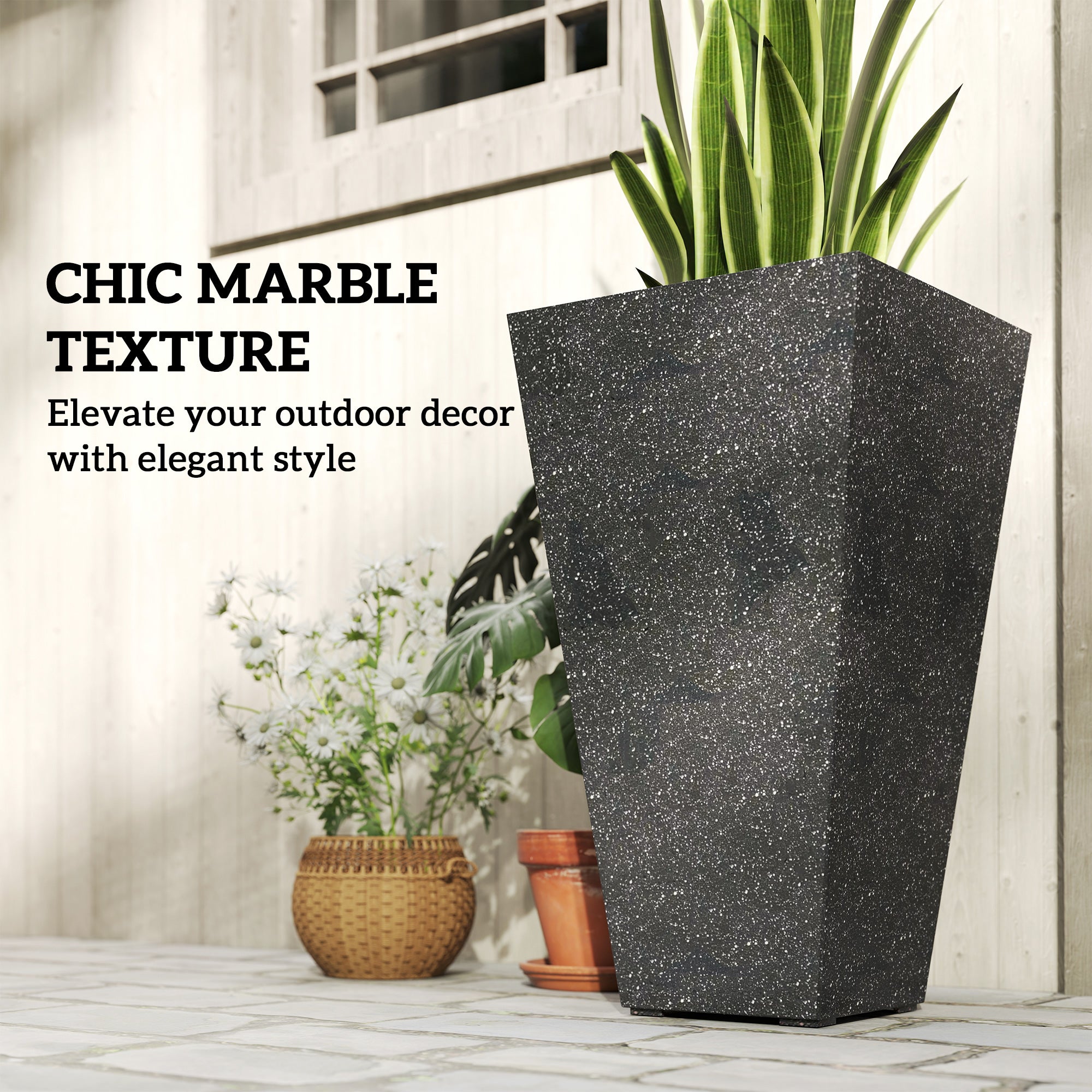 28" Tall Planters, Set of 3 Plastic Flower Pots with Marble Finish and Drainage Holes, Stackable Taper Planters, Black - Black - Image 5