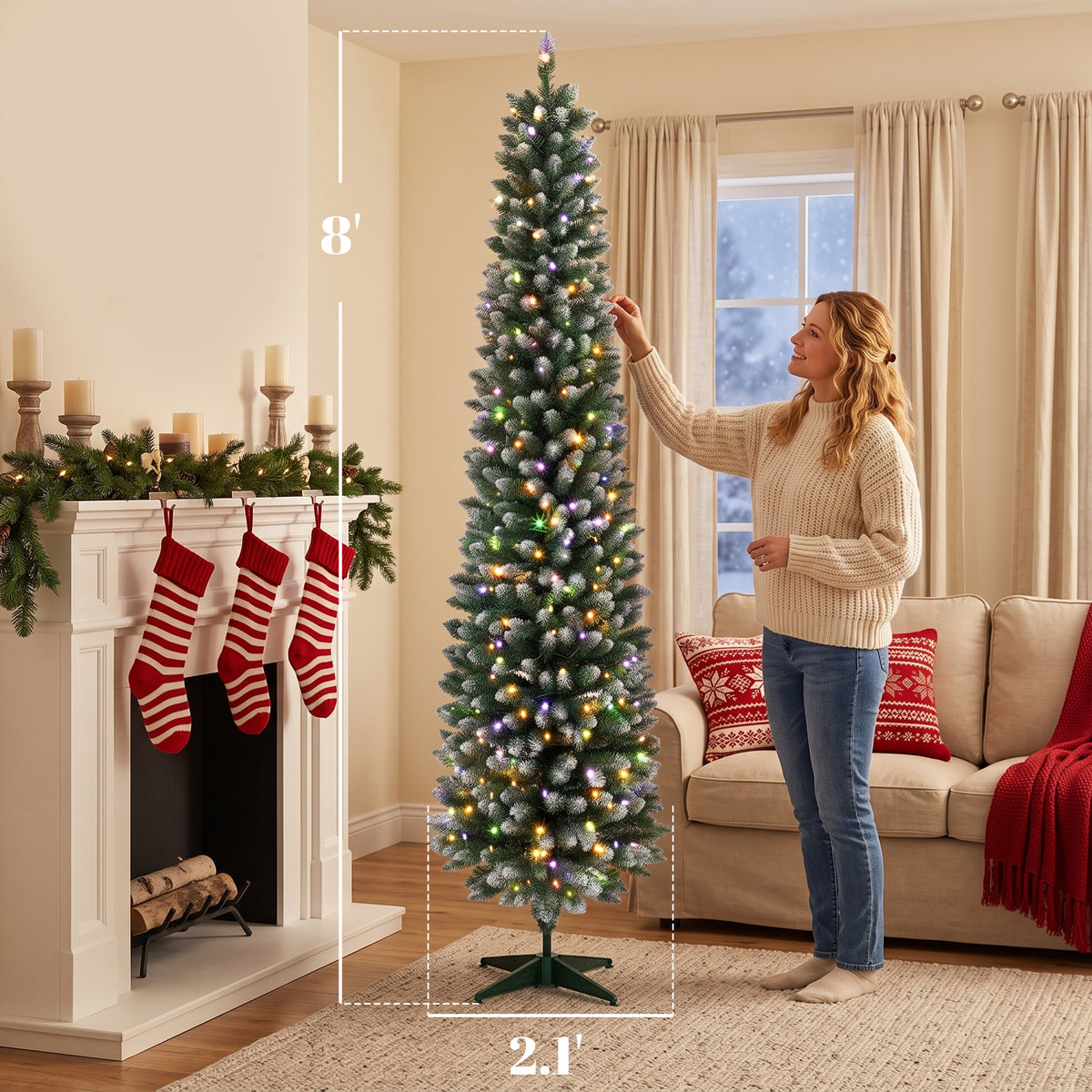 8ft Pencil Prelit Christmas Tree, Dual Color LEDs, Flocked, Remote, Slim Xmas Tree with 11 Modes, Green White