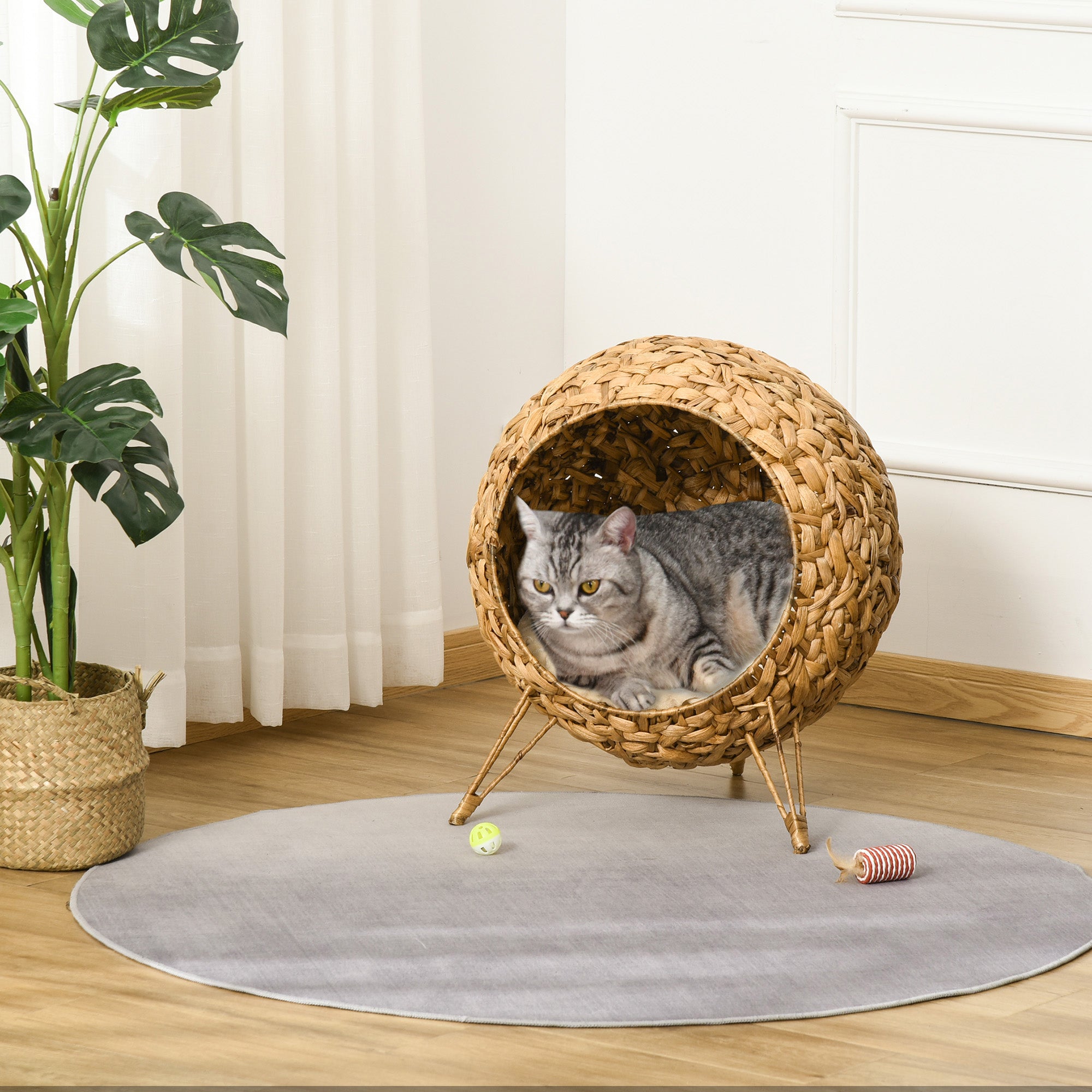 20.5" Weaved Cat Bed, Elevated Hand-woven Braided Banana Leaf Kitten House Condo with Cushion, Natural - Natural Wood - Image 2
