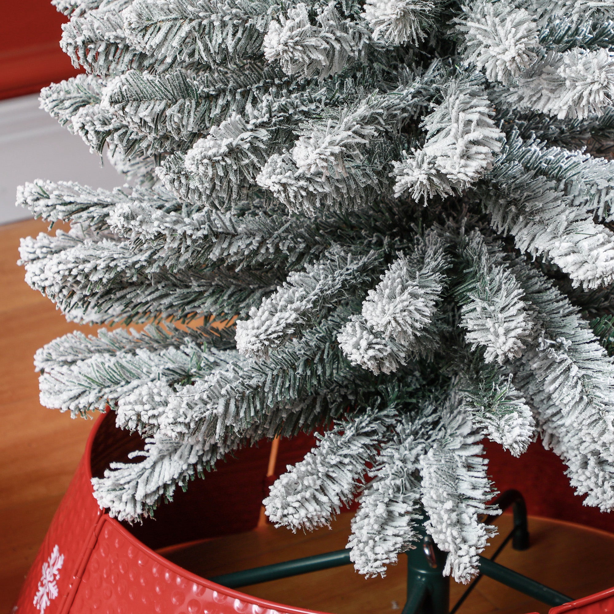 7ft Artificial Christmas Tree, Snow Flocked Branches, Metal Base, Pencil Xmas Tree