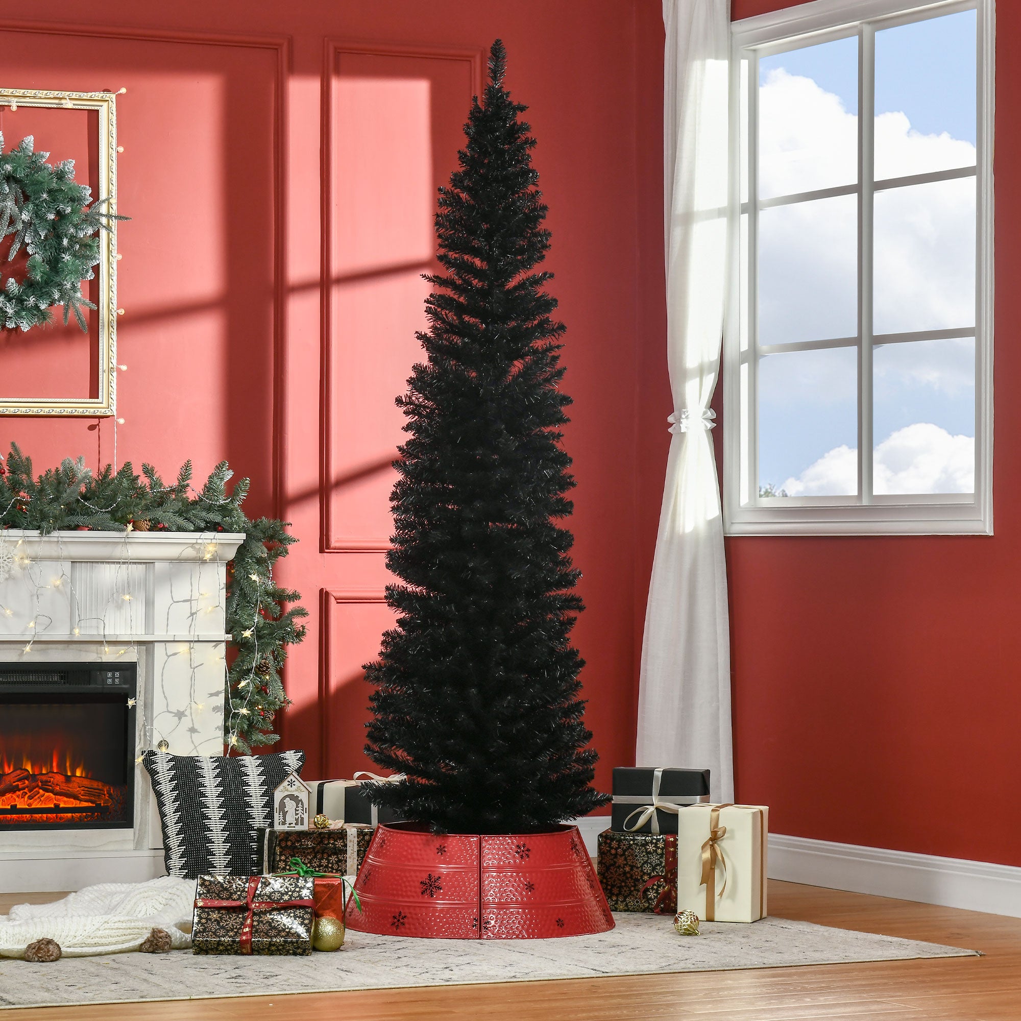 7ft Unlit Pencil Artificial Christmas Tree with Realistic Branches and 499 Tips, Plastic Base, Black