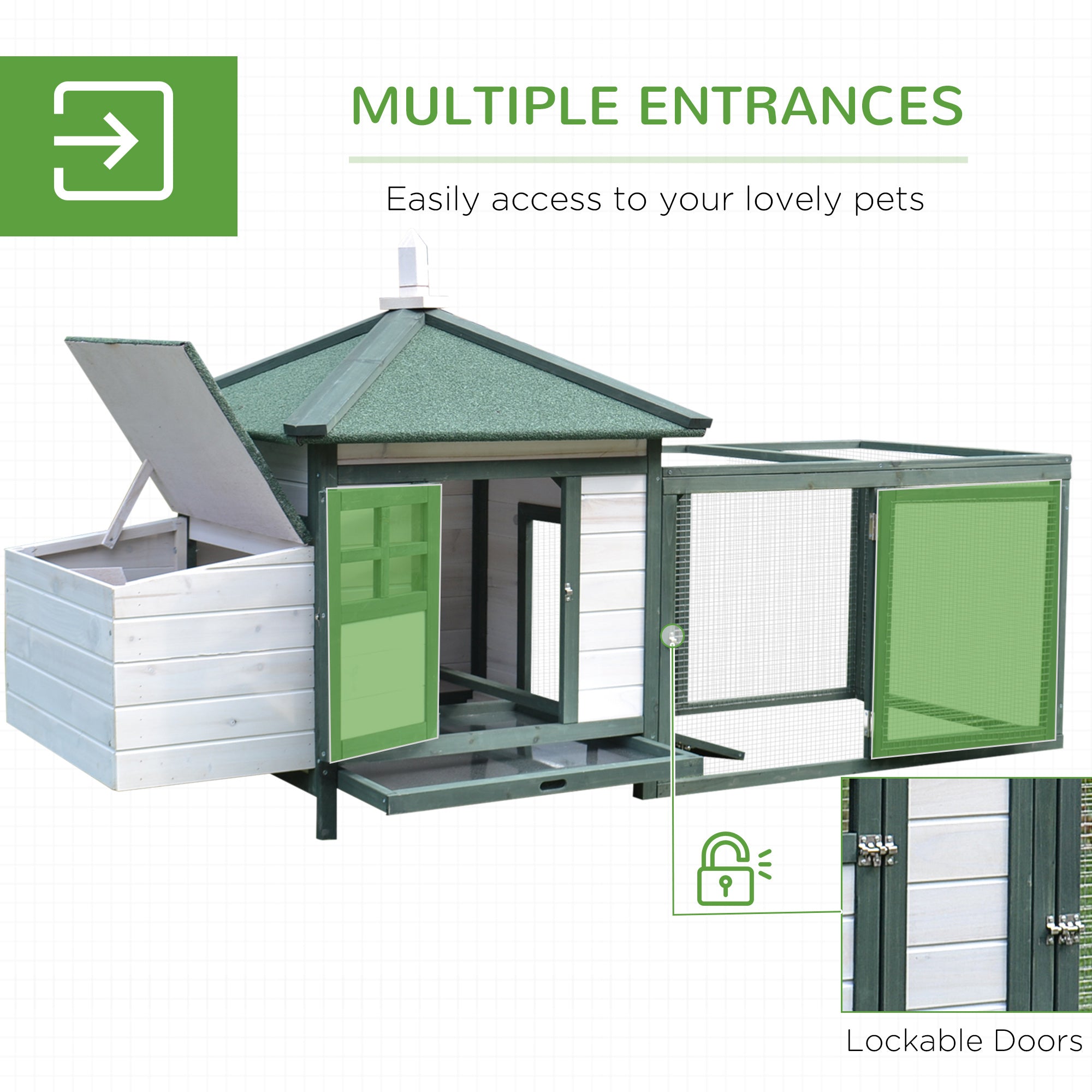77" Wooden Chicken Coop Hen House Poultry Cage with Weatherproof Roof, Nesting Box, Enclosed Run and Removable Tray for Outdoor Backyard, Green - White - Image 5