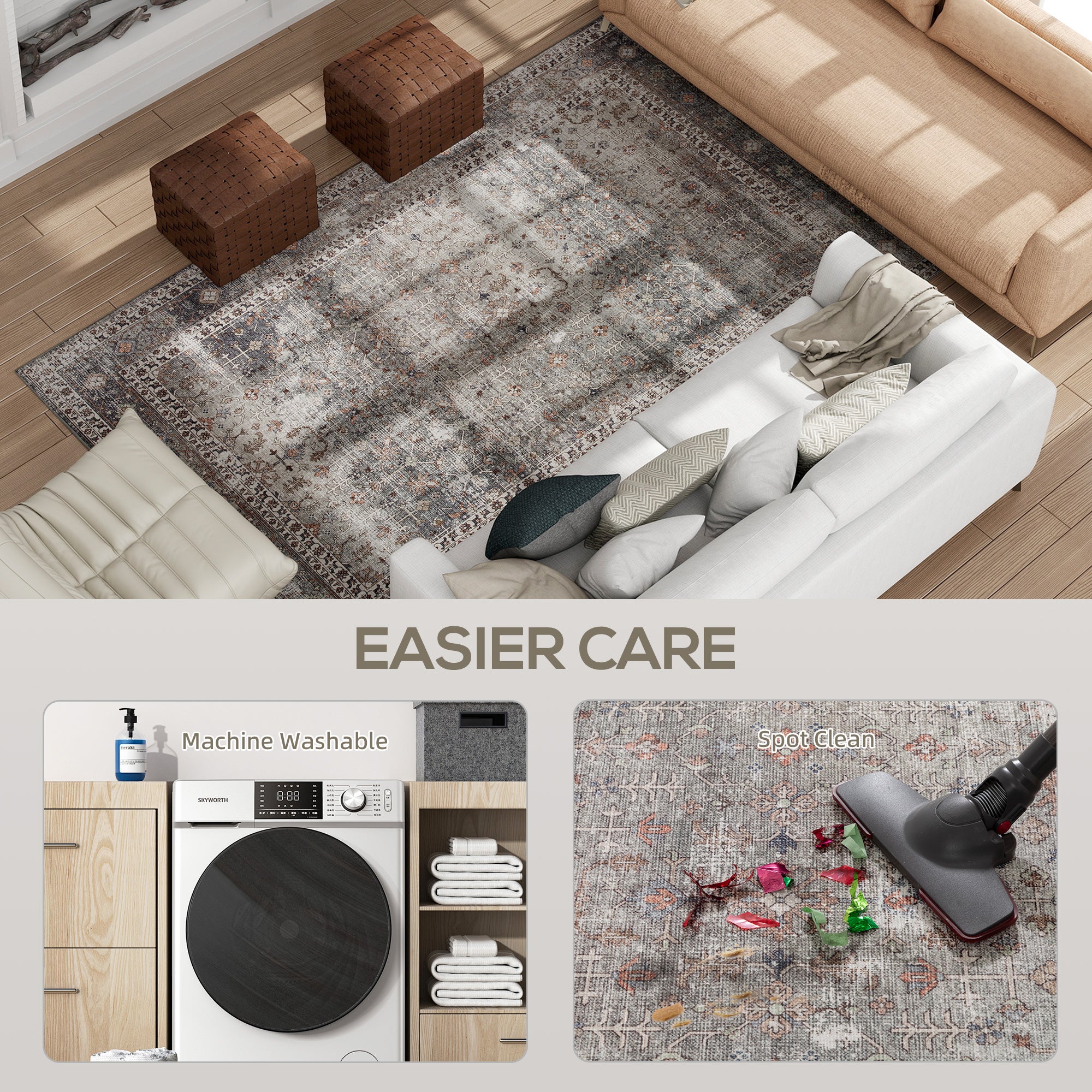 Machine Washable Area Rug 5x7, Non-Slip Traditional Floor Cover Foldable Carpet for Living Room, Dark Mixed-Brown