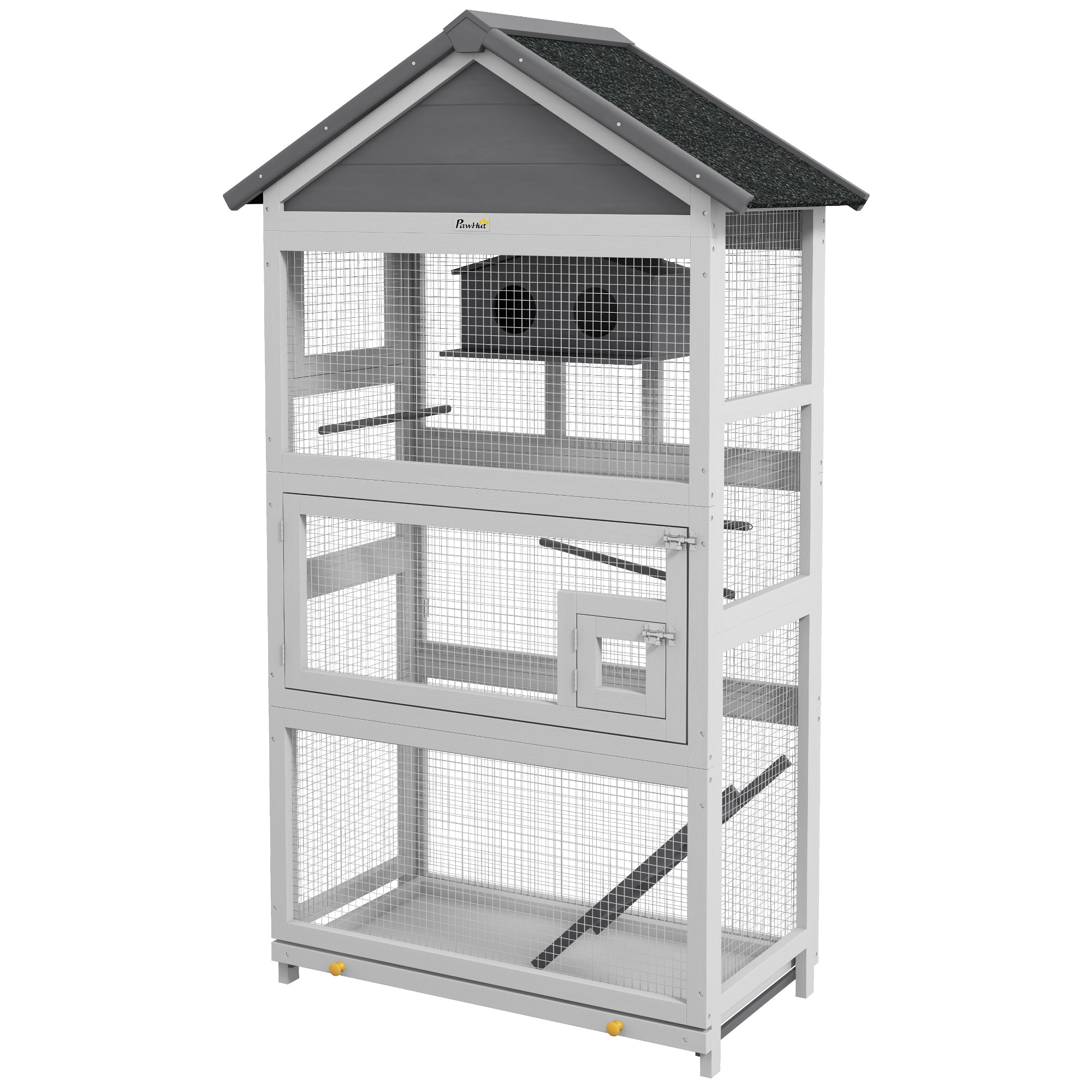 Wooden Bird Aviary with Slide-Out Tray, Birdhouse, Ladder, Perches for Finches, Parakeets, Gray - Gray