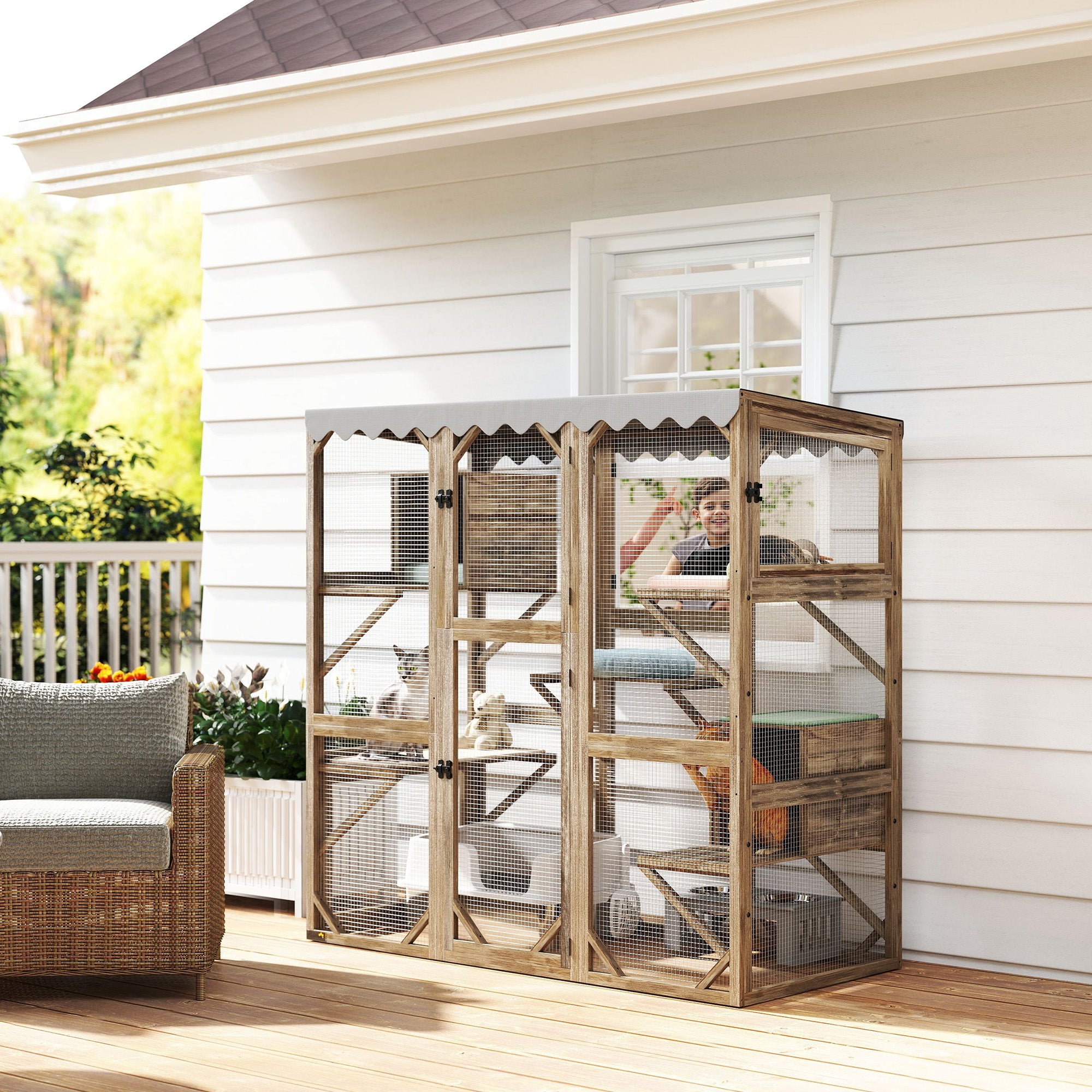 Outdoor Cat Enclosure with Window Access, 5 Platforms and 2 Resting Boxes, Waterproof Roof for Multiple Cats, Brown - Brown - Image 2
