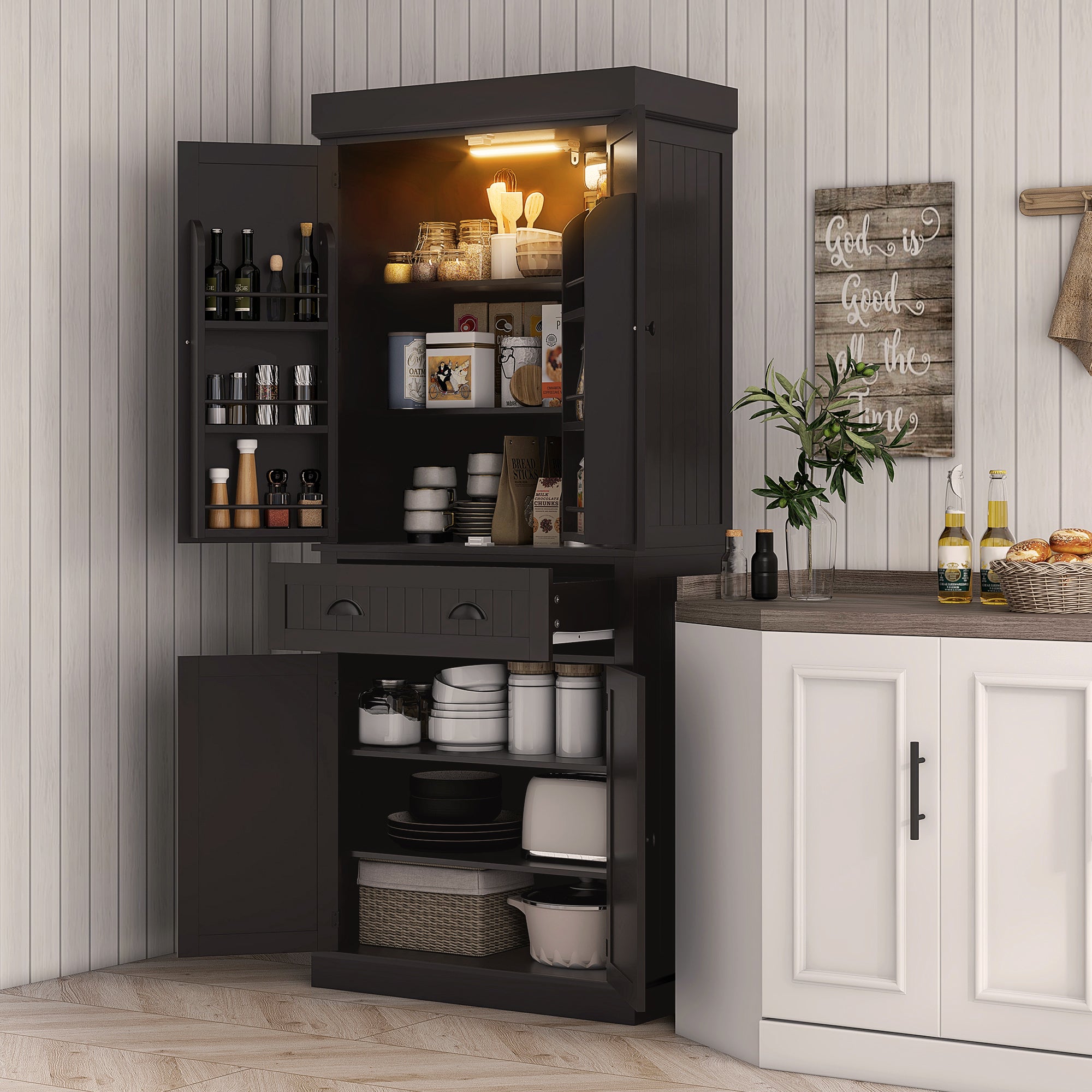 71" Kitchen Pantry Cabinet with LED Lights, 6 Door Shelves, a Drawer and 4 Adjustable Shelves, Black
