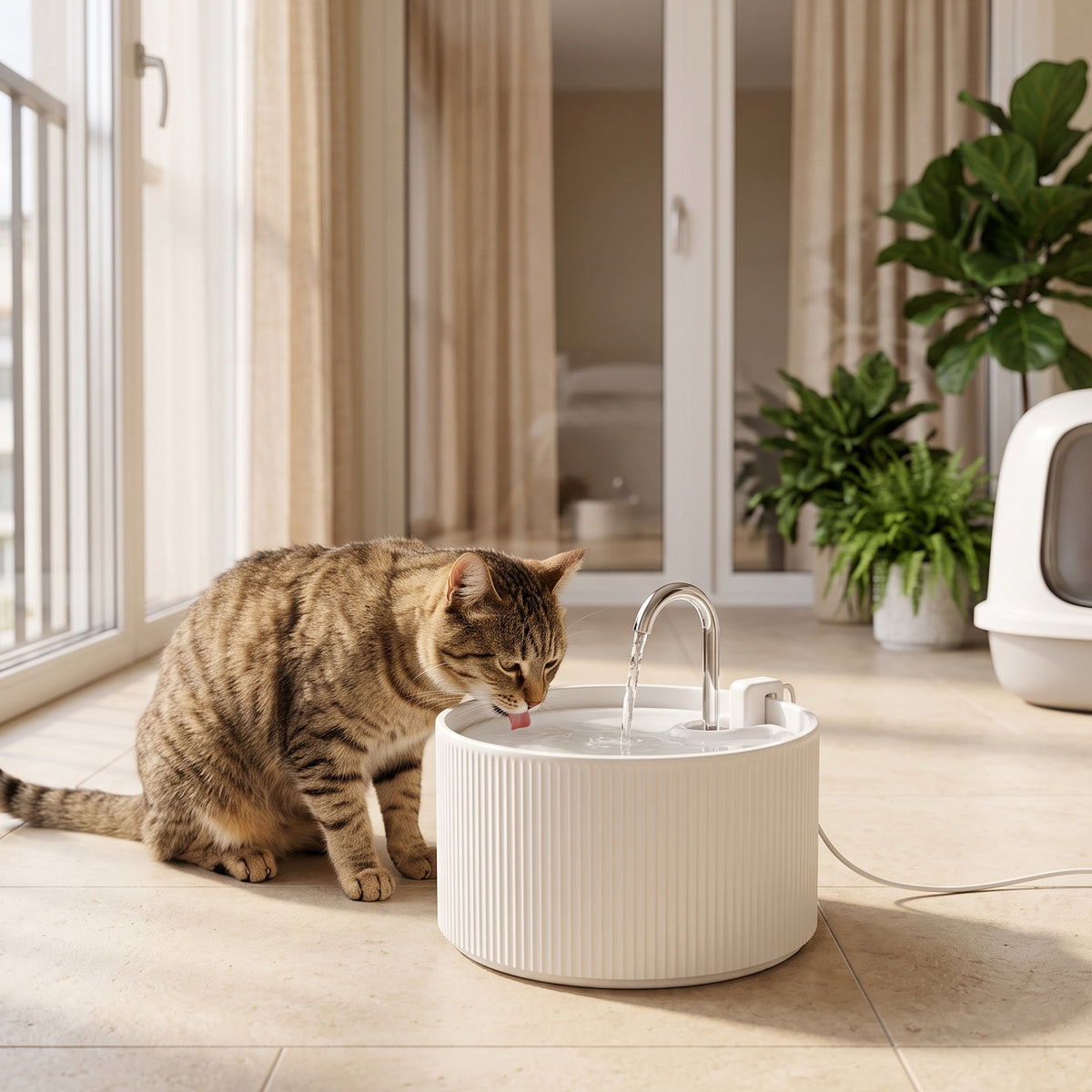 Ceramic Cat Water Fountain, 2.2L/74oz Pet Water Fountain with Ultra-Quiet Pump, 4-Layer Filtration, Faucet, White