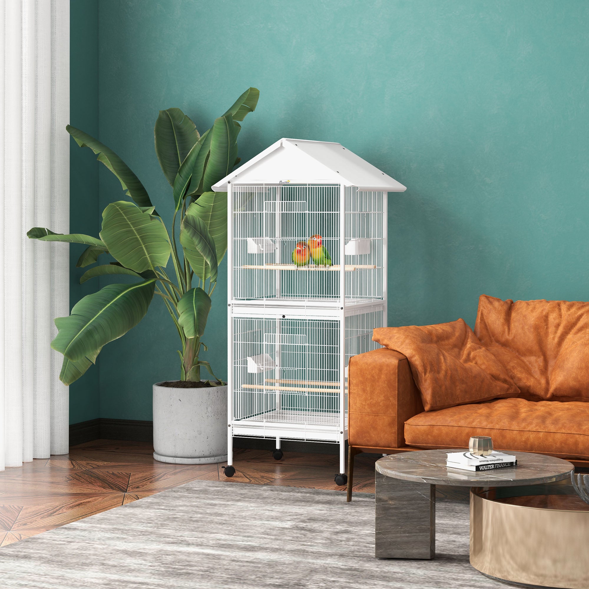 Wrought Metal Bird Cage Feeder with Rolling Stand Perches Food Containers Doors Wheels 67" H, White - White - Image 2