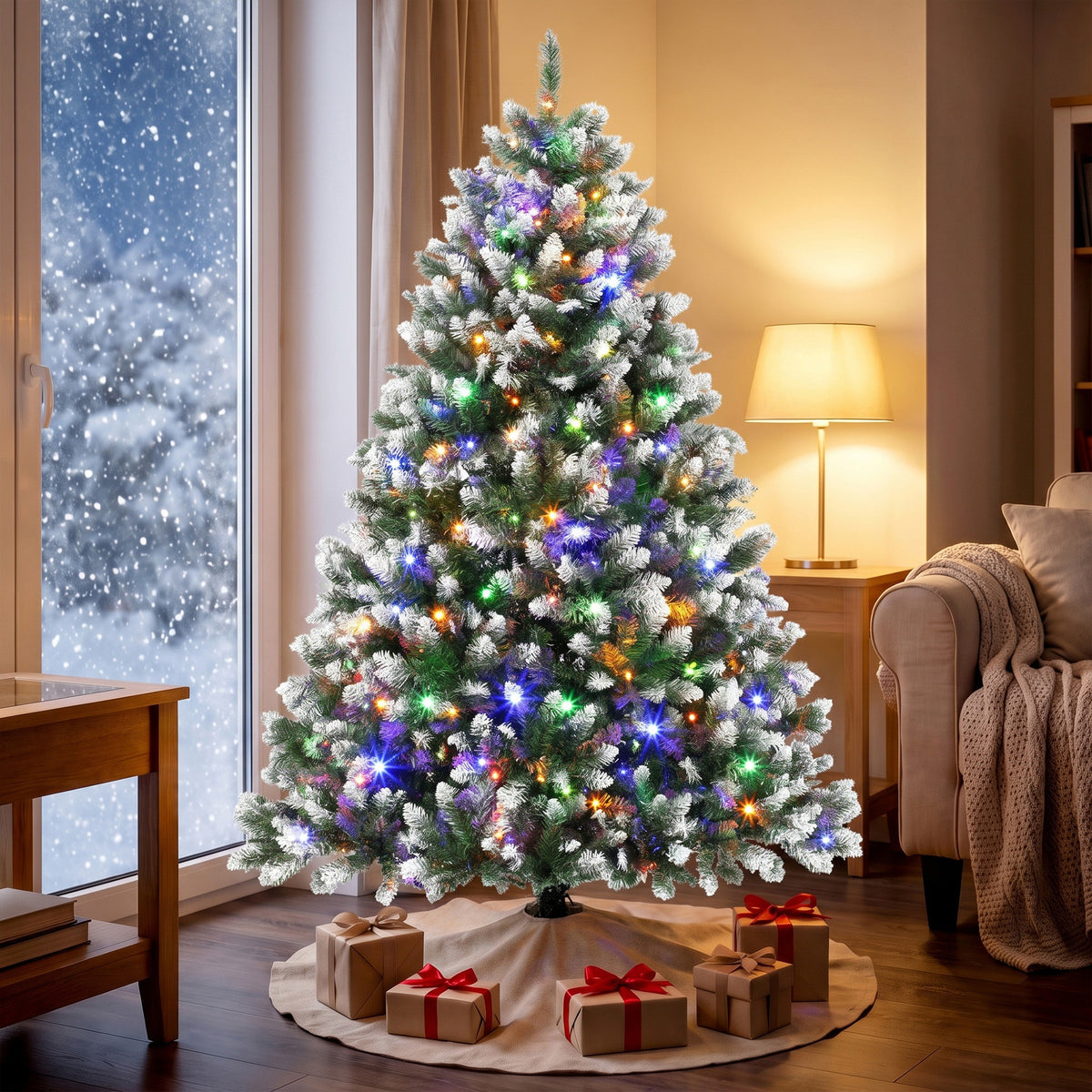 6ft Pre-lit Artificial Christmas Tree White-Tipped Hinged Full Xmas Tree with 1020 Tips