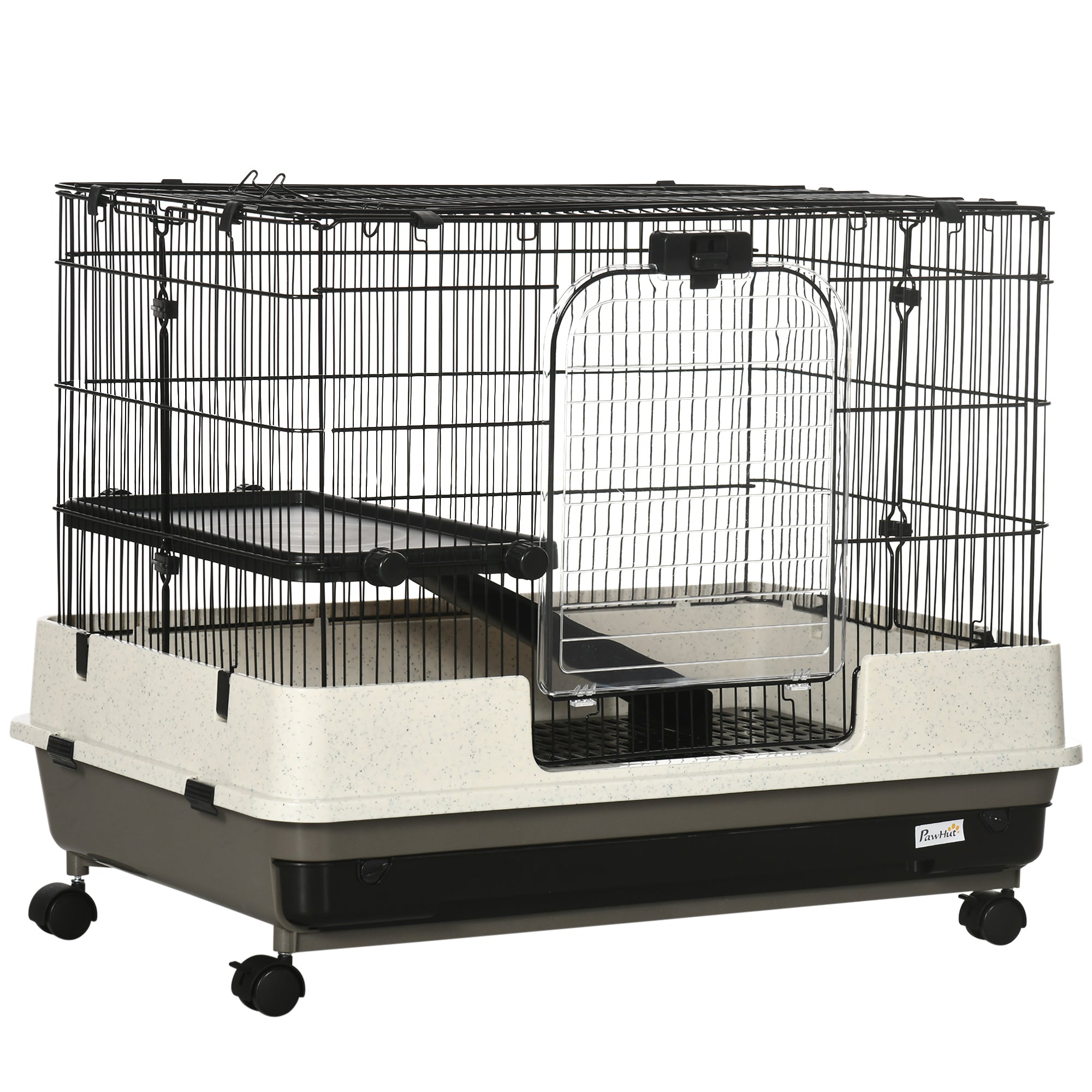 2-tier Compact Platform Rolling Small Animal Rabbit Cage for Hamsters, Chinchillas & Gerbils with a Large Living Space - Black and White