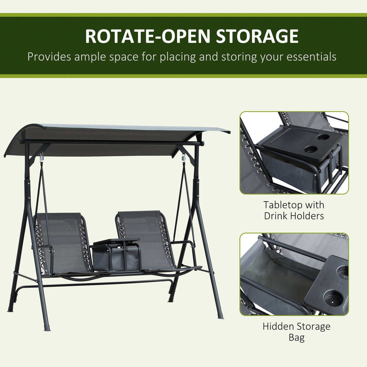 2-Seat Outdoor Porch Swing, with Pivot Storage Table, Cup Holder, & Adjustable Overhead Canopy, Stand's Skid-Resistant Feet Pad, Breathable Mesh Seat, Steel Frame, for Patio, Gray