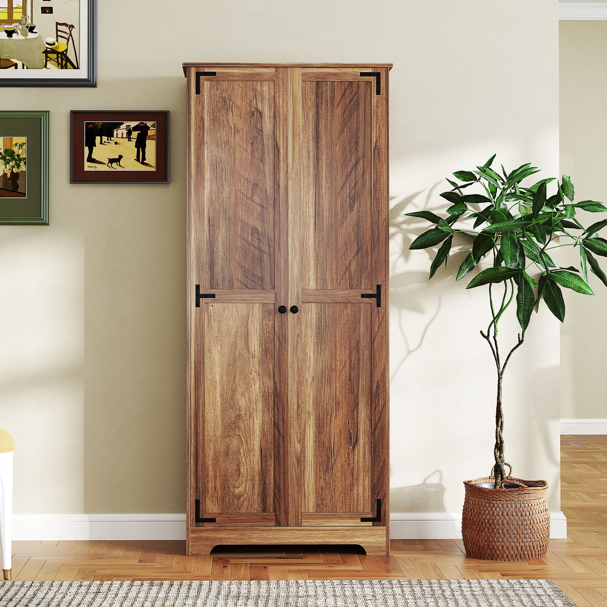 72" Farmhouse Pantry Cabinet, Freestanding Food Pantry Cabinet with Adjustable Shelves, Brown