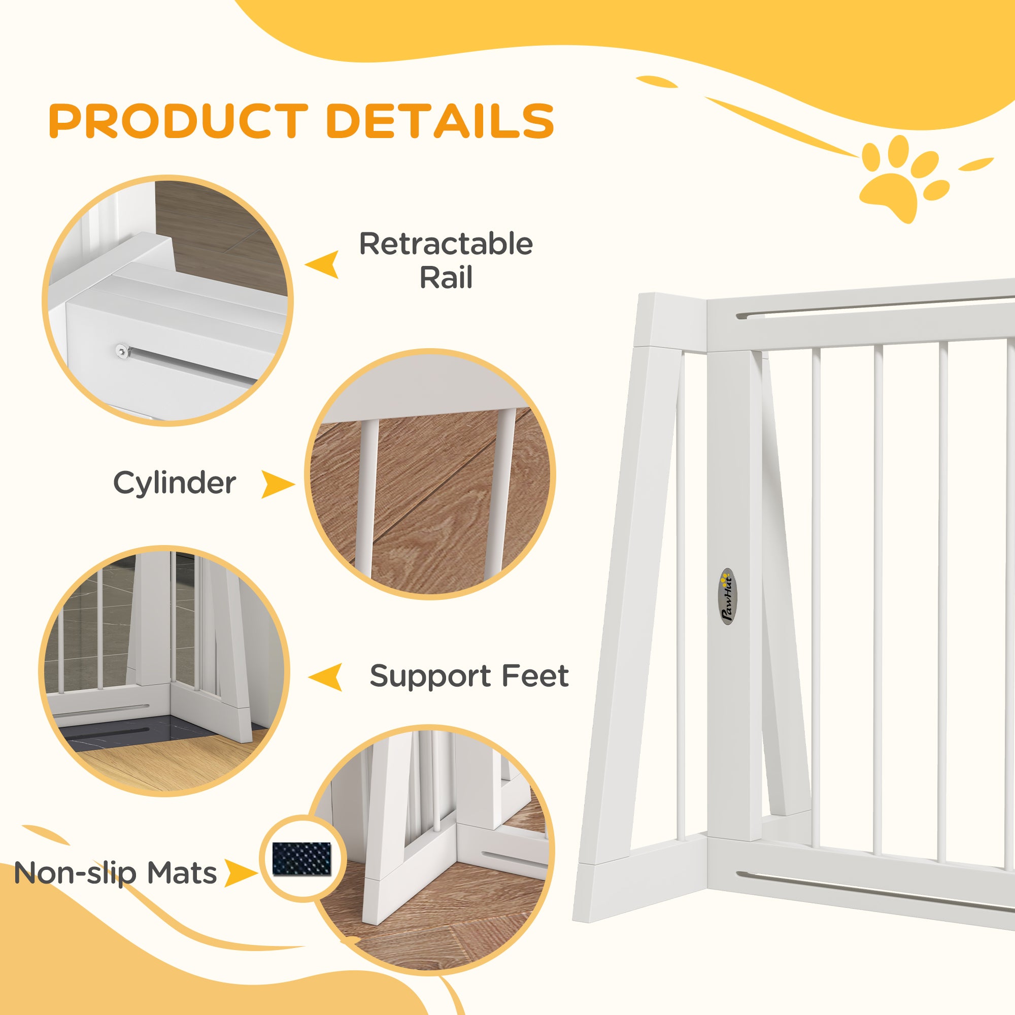 28"-75" Freestanding Wooden Pet Gate with Support Feet & Non-Slip Mats for Indoor, Stairway, Doorway, White - White - Image 7