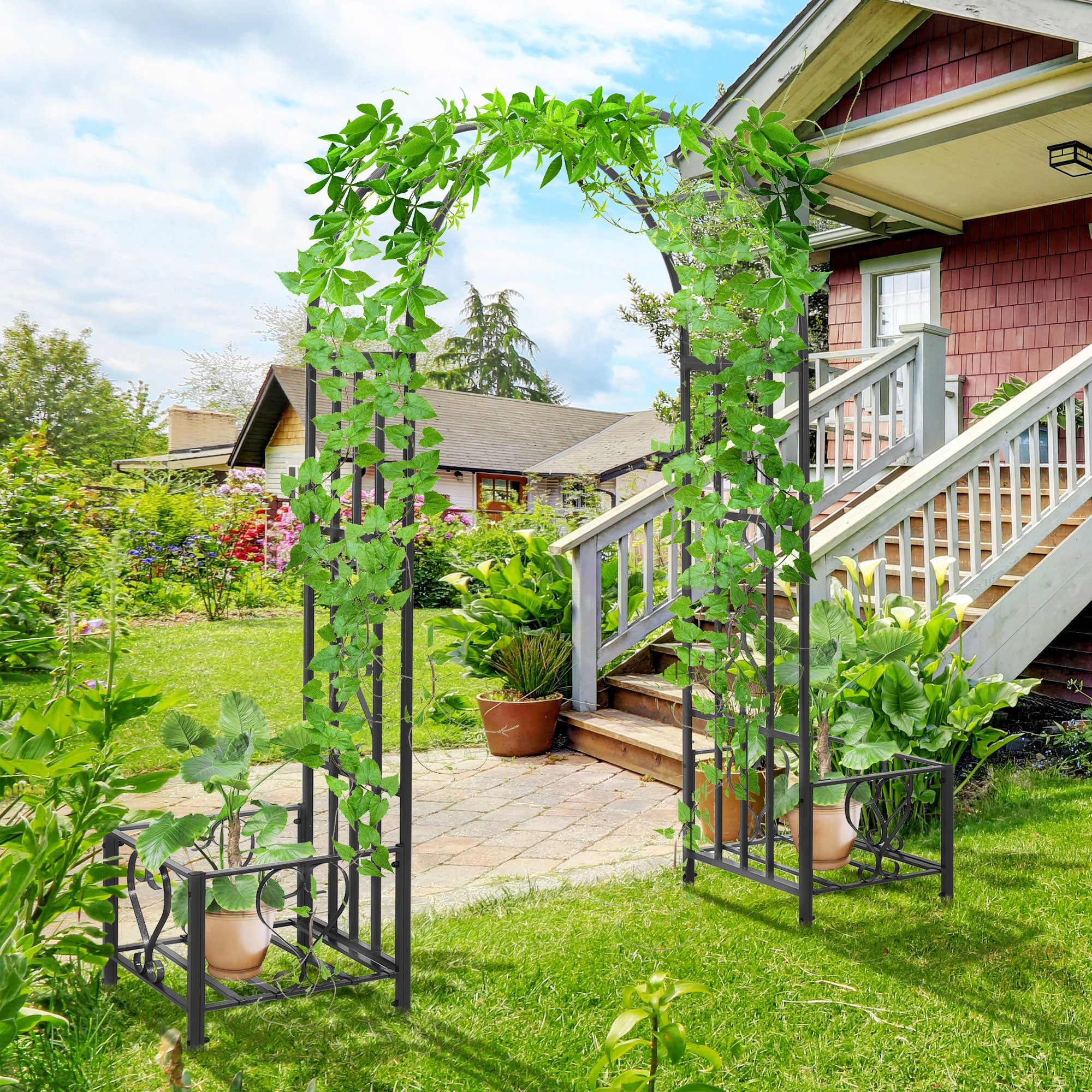 6.7' Steel Garden Arch Arbor with Scrollwork Hearts, Planter Boxes for Climbing Vines, Ceremony, Weddings, Party, Backyard, Lawn, Dark Gray - Dark Gray - Image 2