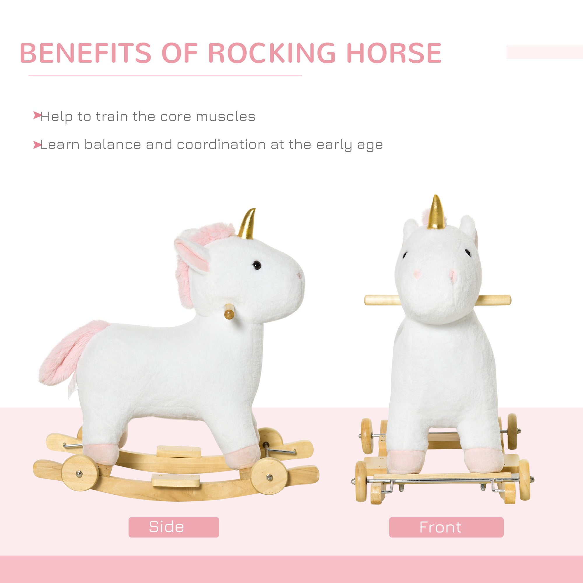 2 in 1 Kids Rocking Horse, Rolling Unicorn with Sound, Wooden Base, Pedal, Grip Handle, for 3-6 Years Old, White