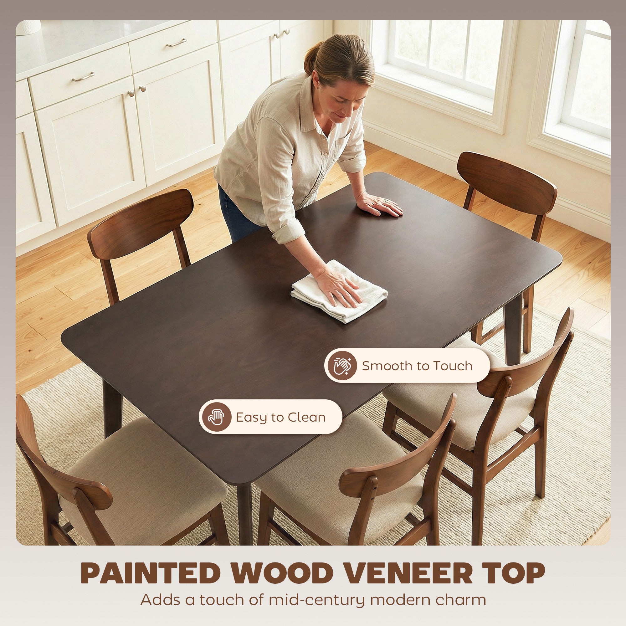 47.2" Rectangle Dining Table for 4, Mid-Century Modern Kitchen Table with Rubber Wood Frame for Dining Room, Mahogany