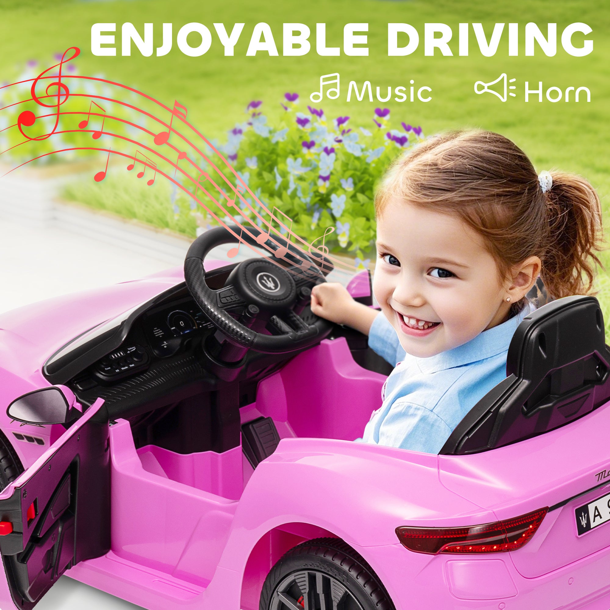 Maserati Gran Turismo Licensed 12V Kids Electric Car w/ Remote Control, Soft Start, LED Lights, Music, Horn, Pink