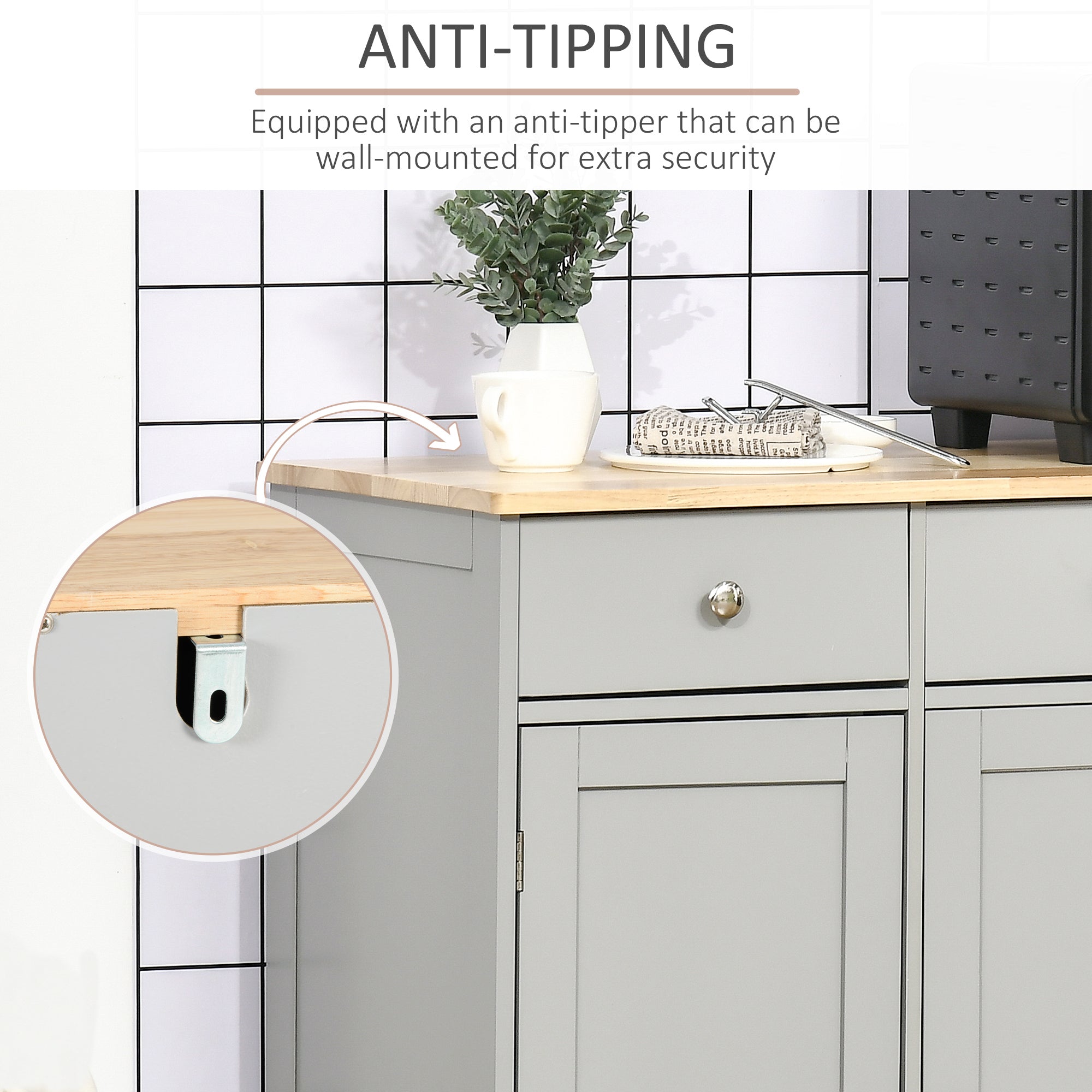 Kitchen Storage Cabinet, Sideboard Floor Cupboard with Solid Wood Top, Adjustable Shelf, and 3 Drawers, Gray