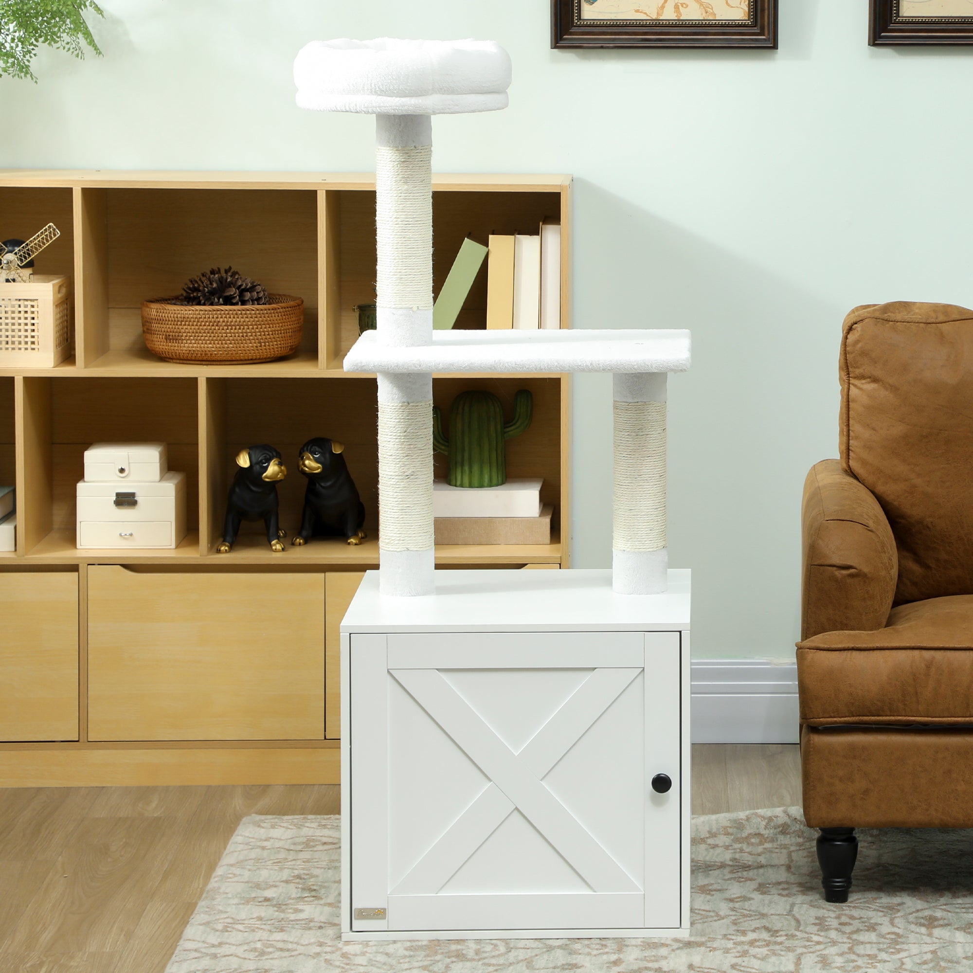Cat Tree with Litter Box Enclosure, Scratching Posts, Bed, Climbing Platforms for Indoor Cats, White - White - Image 8