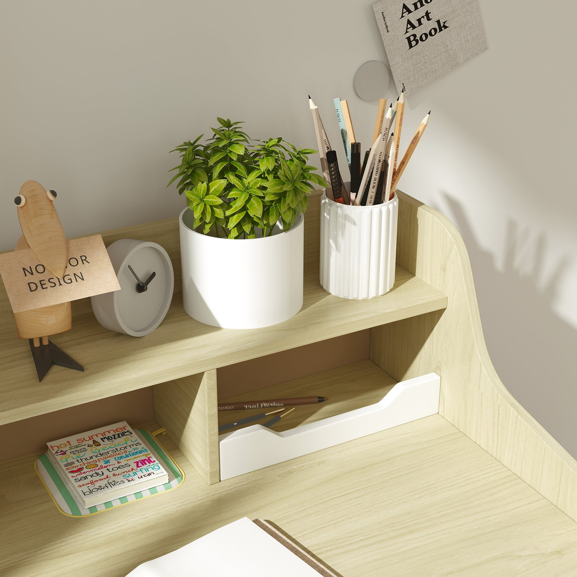 Kids Desk and Chair Set with Storage Shelves, Drawer for 3-10 Years, White