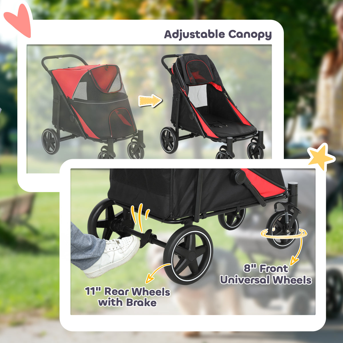 Dog Stroller for Large Medium Small Dogs up to 66 Lbs. 23.5" in Body Length, One-Click Foldable Pet Cat Stroller with Storage, Shock Absorption Wheels, Mesh Window, Safety Leash, Red