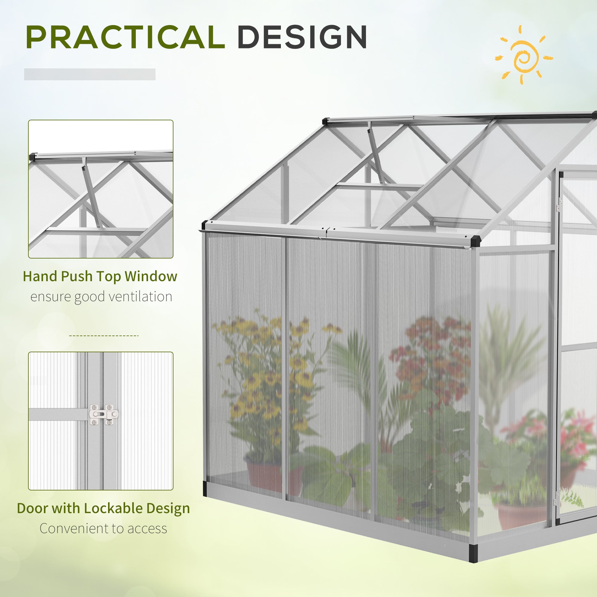 6' L x 6' W Walk-In Polycarbonate Greenhouse with Roof Vent for Ventilation & Rain Gutter for Winter - Silver - Image 5