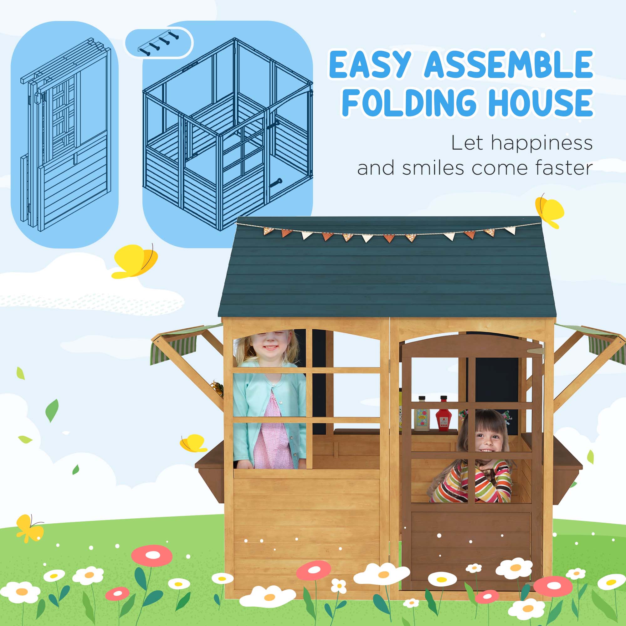 Wooden Outdoor Playhouse, Foldable Kids Cottage with Windows, Working Door, Snack Bars, Waterproof Covers, for 3-8 Years