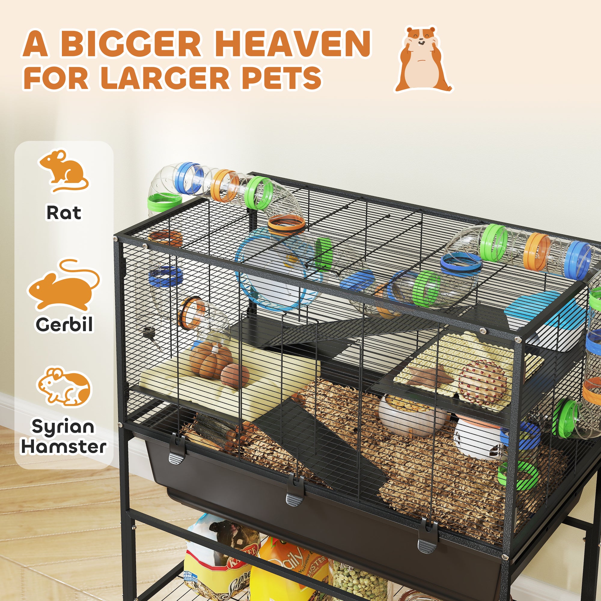 3 Tier Hamster Cage, Rolling Rat Cage with Deep Tray, Storage Shelf, Big Exercise Wheel, Hut, Tube System - Black - Image 4