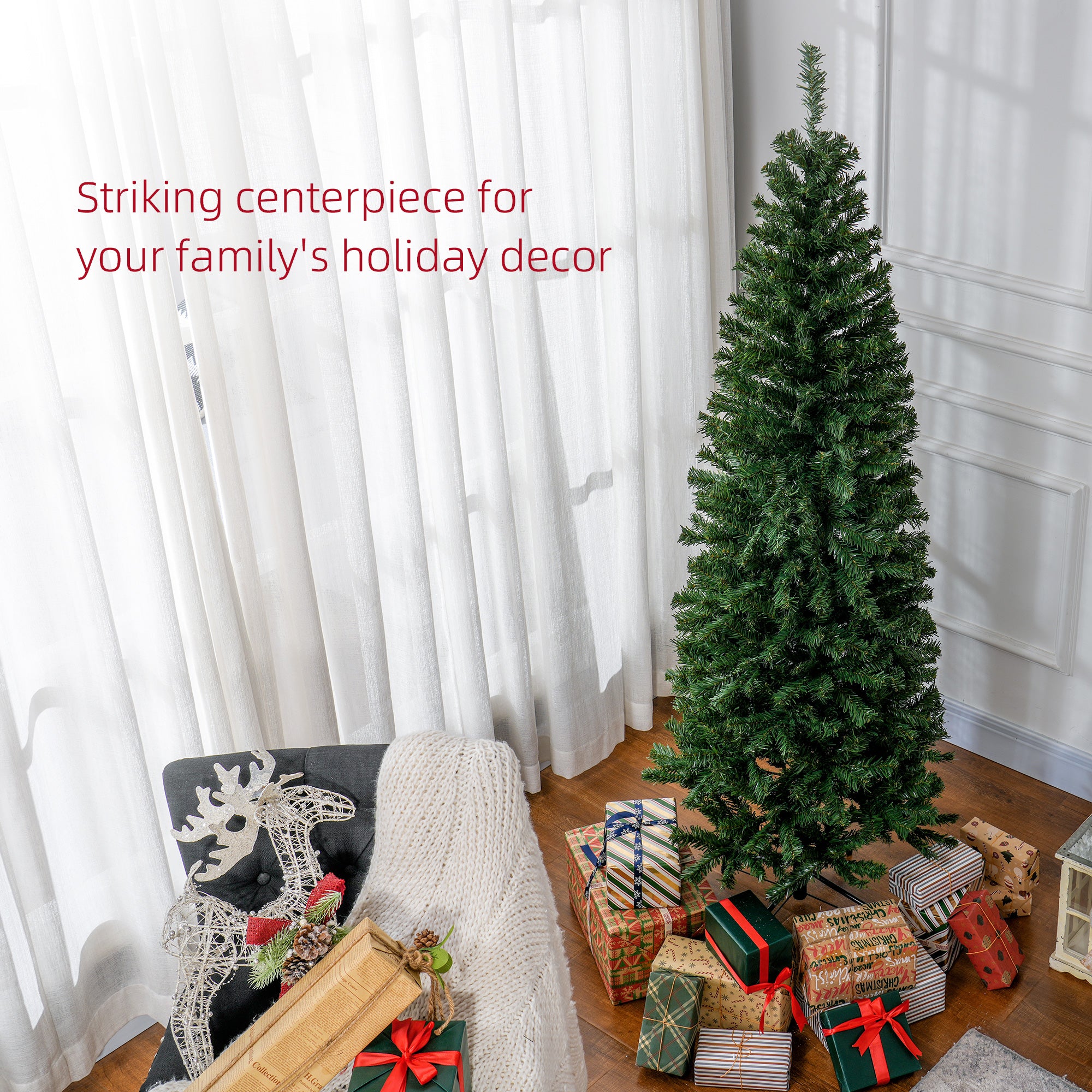 6 FT Artificial Christmas Tree Pencil Xmas Tree with Stand, 618 Tips, Holiday Home Indoor Decoration for Party, Green
